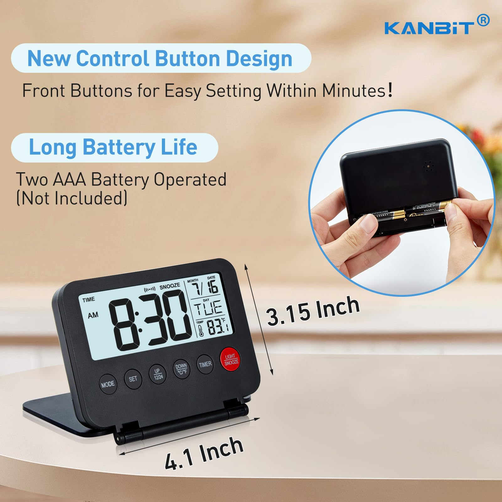 Eine schwarze Digitaluhr zeigt 8:30 Uhr an. Eine Hand legt eine Batterie ein. Text: 'New Control Button Design'.