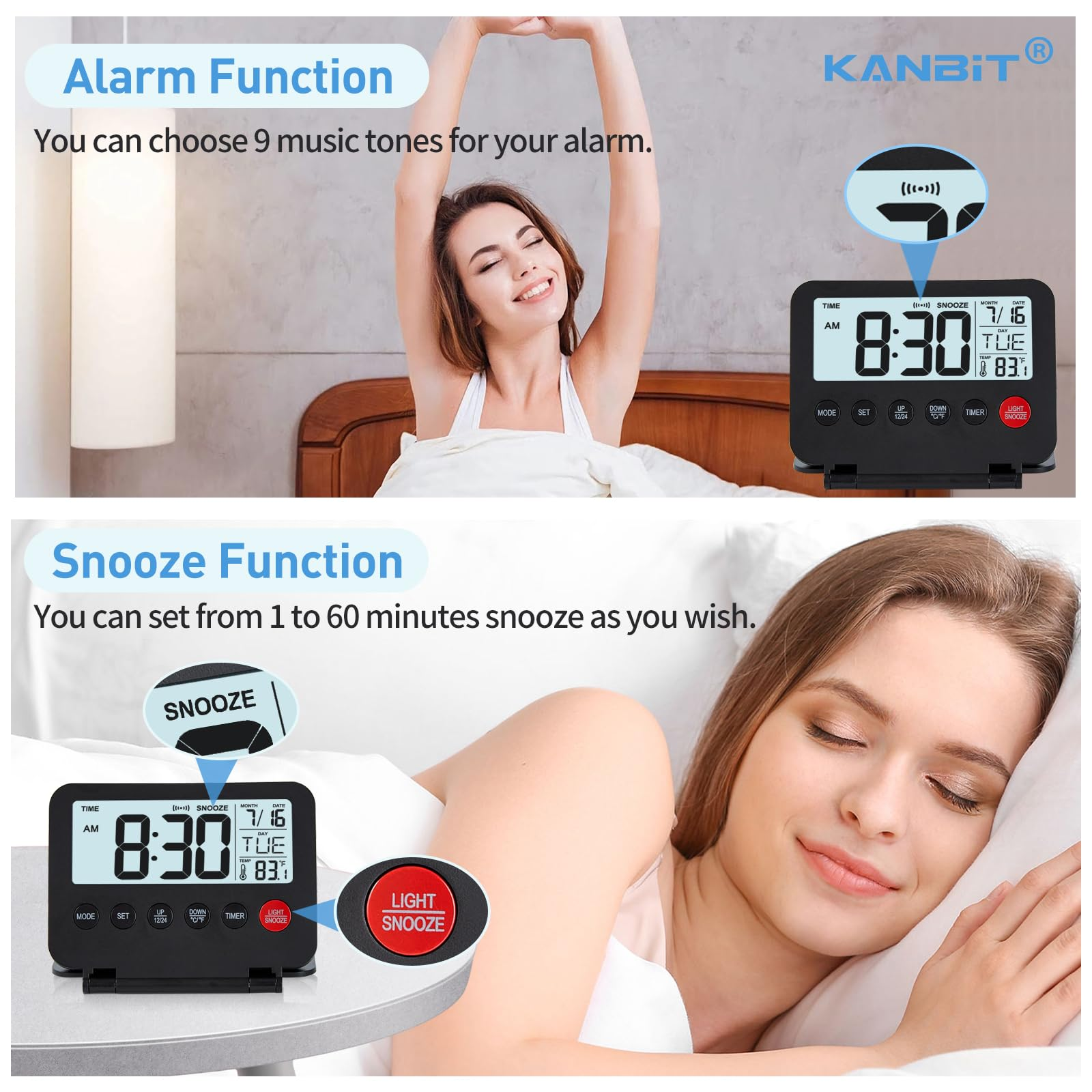 Das Bild zeigt einen Wecker und zwei Frauen im Bett. Eine dehnt sich, die andere schläft. Text weist auf Weck- und Schlummerfunktionen hin.