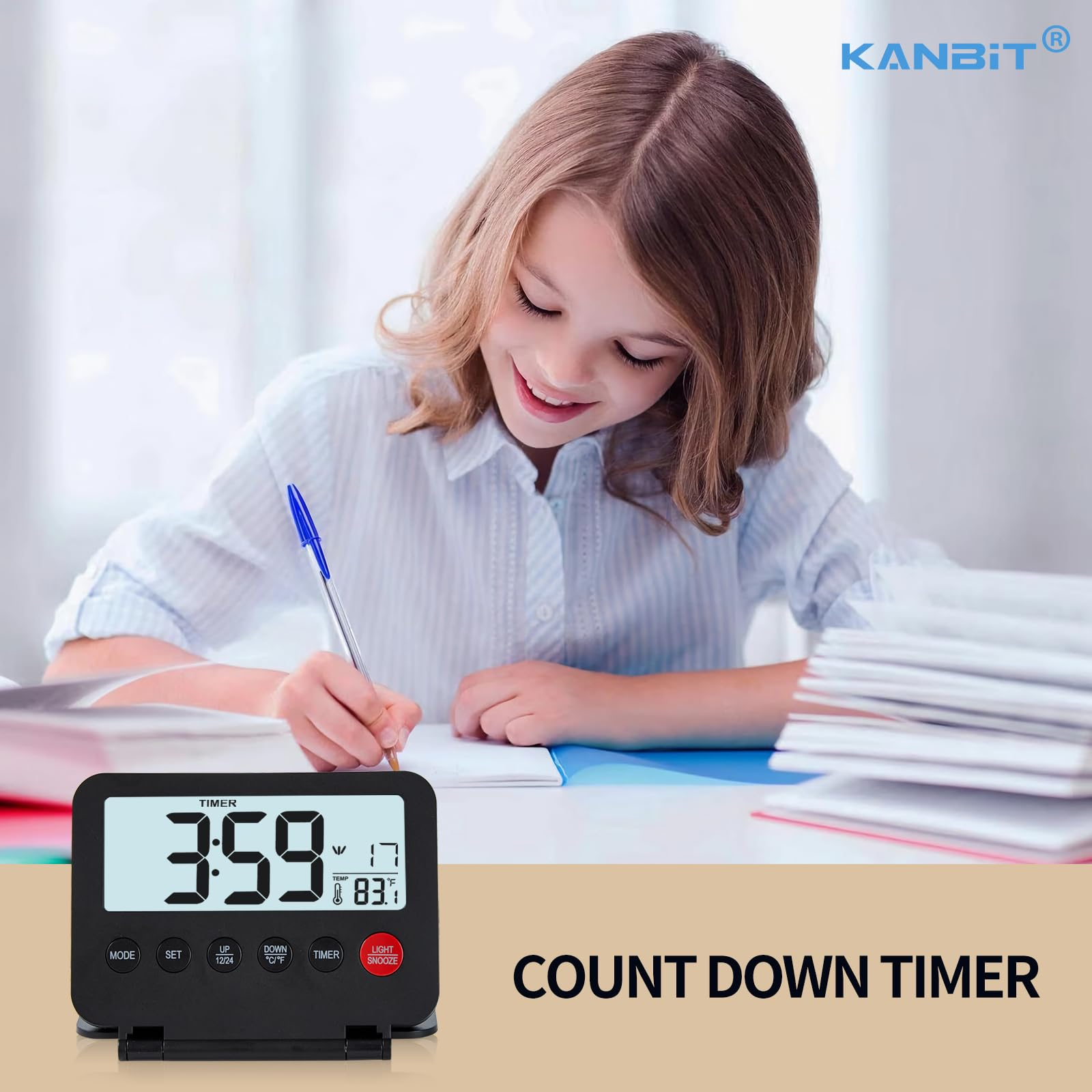 Ein Mädchen schreibt, der Timer zeigt 3:59. Ein digitaler Timer und der Text 'Count Down Timer' sind sichtbar.