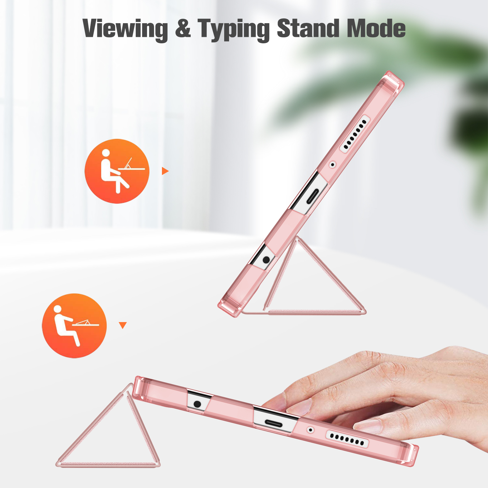 Rosa Tablethülle im Standmodus. Hand hält Hülle. Symbole zeigen den Anzeige- und Tippmodus.