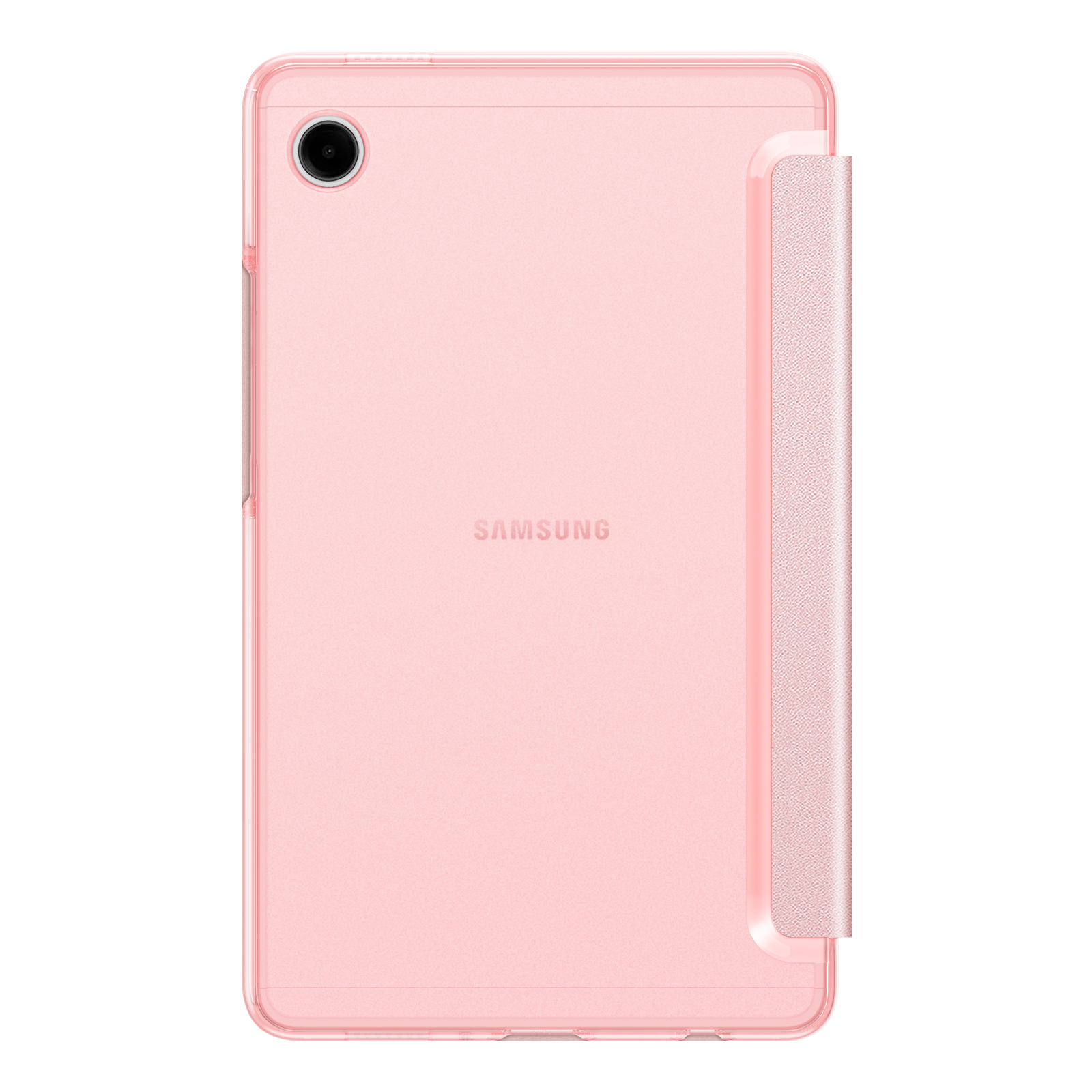 Rosa Samsung Tablet-Hülle, teilweise geöffnet. Verfügt über eine Kameralinse, das Samsung-Logo und eine strukturierte Abdeckung.