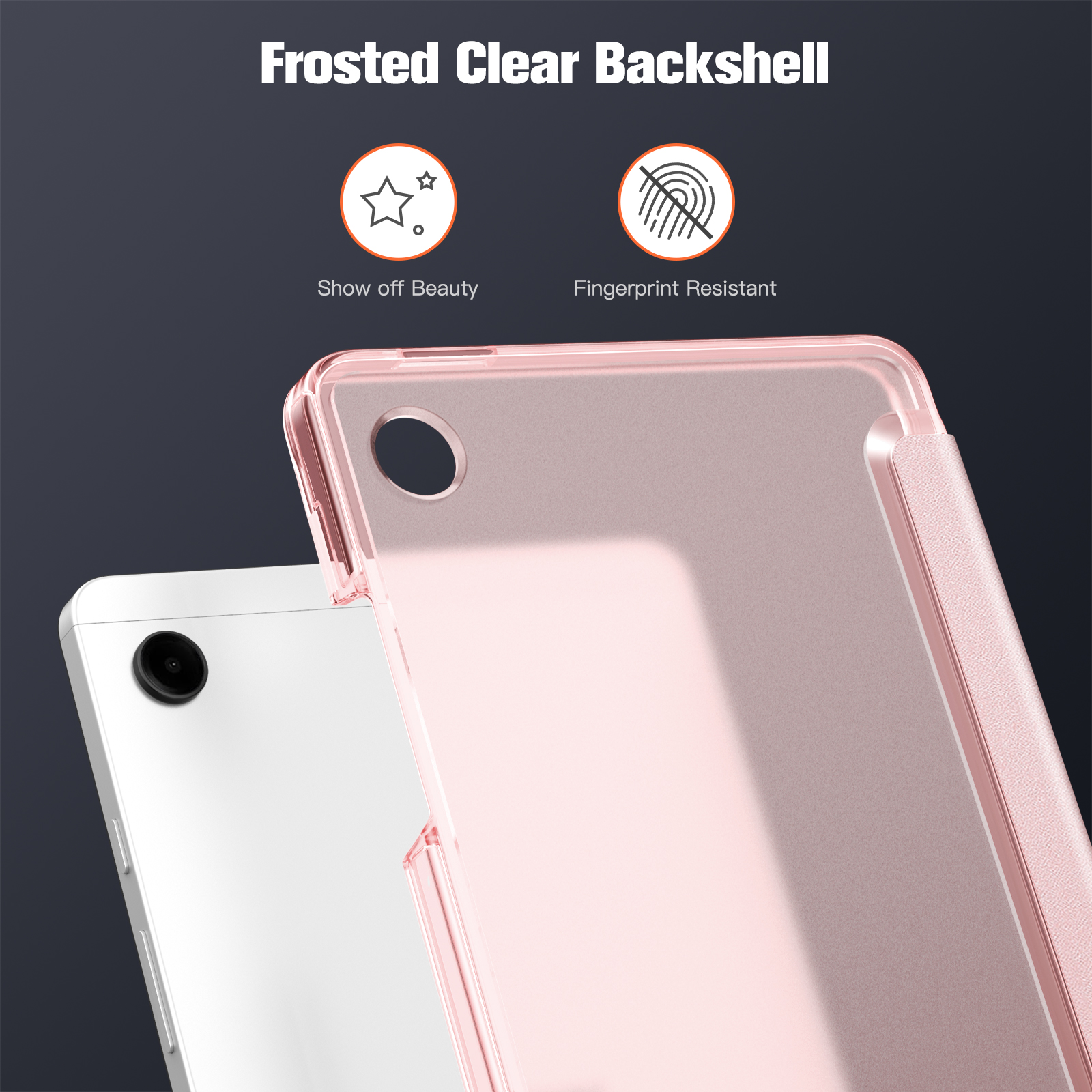 Eine Tablet-Hülle mit rosa Rückseite und einem weißen Tablet. Die Hülle ist transparent. Text: Schönheit zeigen und Fingerabdruckresistent.