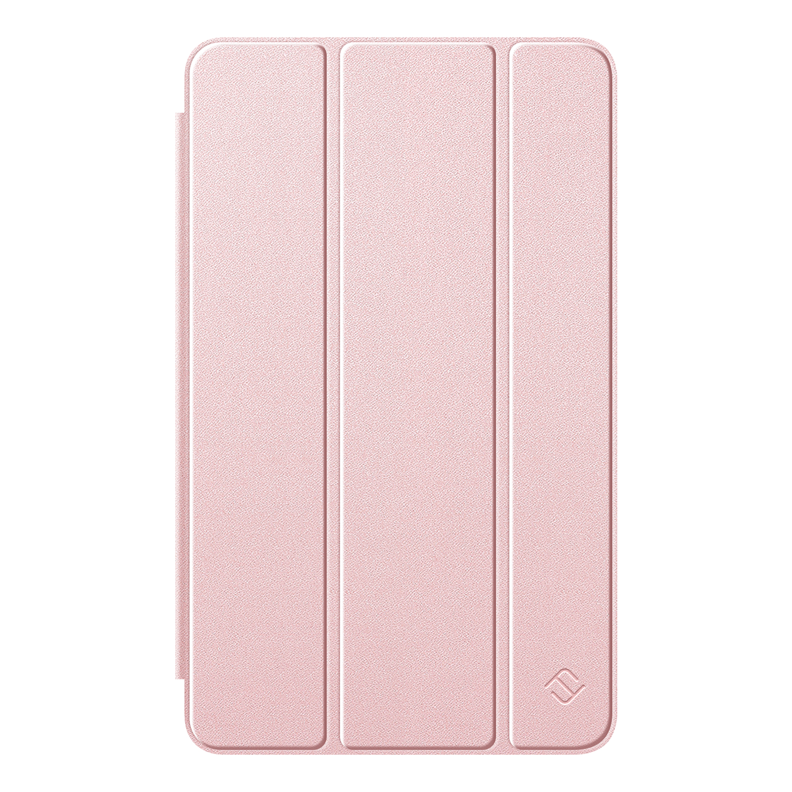 Eine rosa Tablethülle mit strukturierter Oberfläche, dreifach gefaltet, mit Logo auf der rechten Seite.