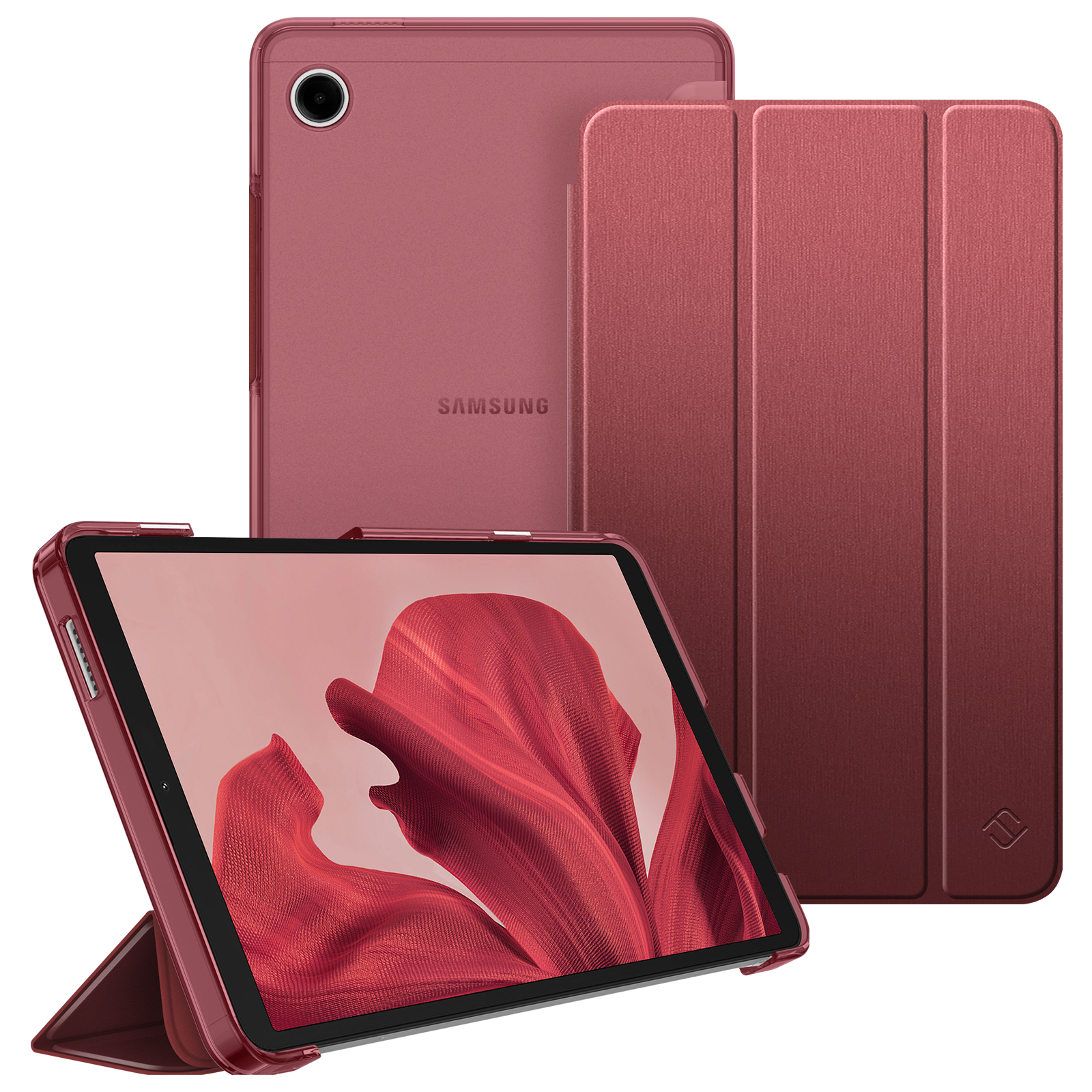 Ein rotes Tablet mit passender Hülle wird gezeigt. Der Bildschirm zeigt ein rotes abstraktes Design. Das Tablet ist von Samsung.