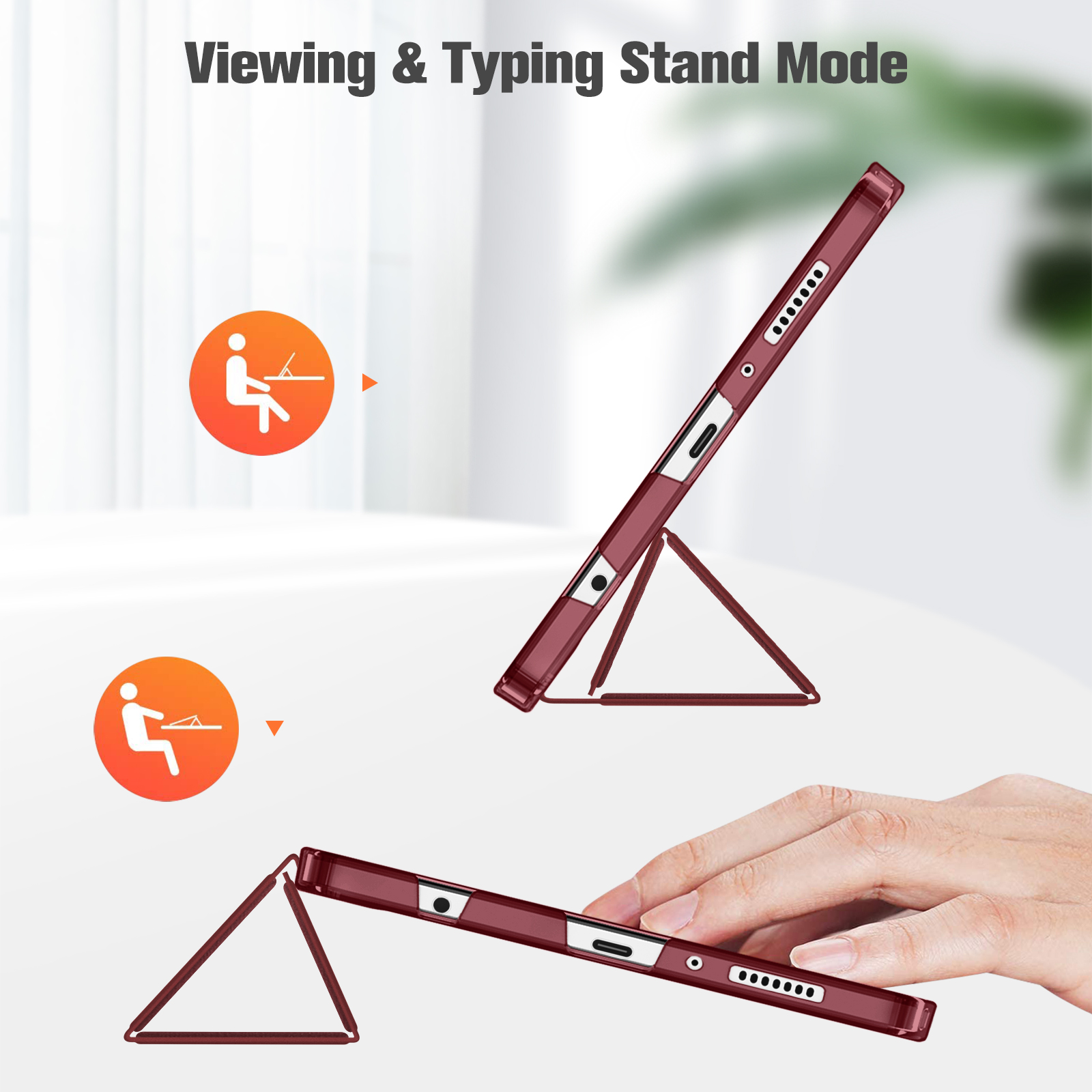 Eine Tablet-Hülle im Standmodus. Die Hülle ist weinrot. Eine Hand hält die Hülle. Symbole zeigen den Anzeige- und Eingabemodus.