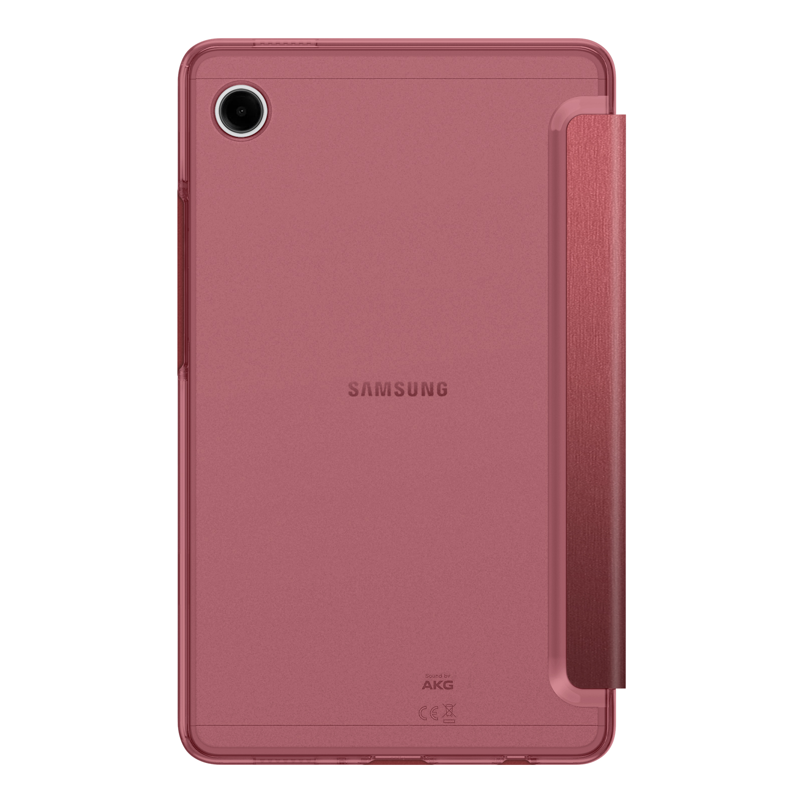 Ein rosafarbenes Tablet mit Hülle. Das Samsung-Logo ist sichtbar. Eine Kameralinse befindet sich oben links.