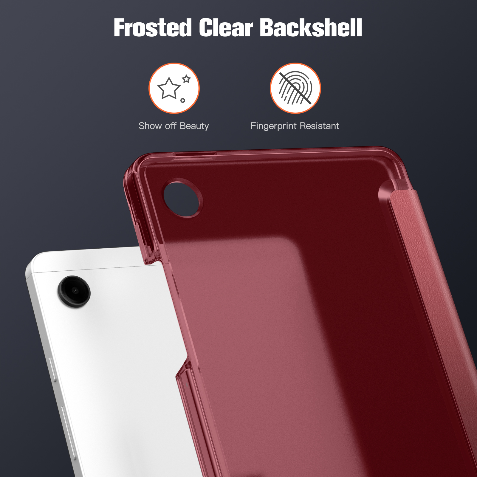 Eine rote Telefonhülle bedeckt teilweise ein weißes Telefon. Der Text lautet 'Frosted Clear Backshell'.