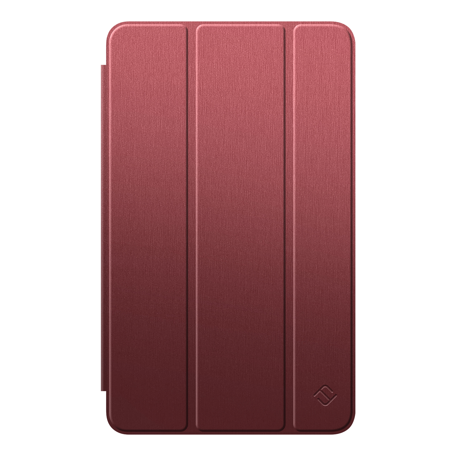 Eine weinrote Tablet-Hülle, gefaltet. Sie hat drei Paneele. Die Oberfläche hat ein strukturiertes, stoffähnliches Aussehen. Ein Logo ist sichtbar.