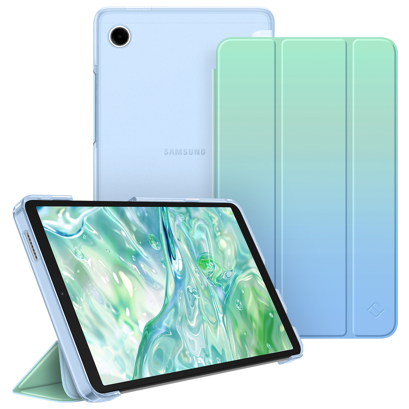 Ein Tablet mit hellblauem Gehäuse und einer grün-blauen Klapphülle. Der Bildschirm zeigt ein wasserähnliches Muster.