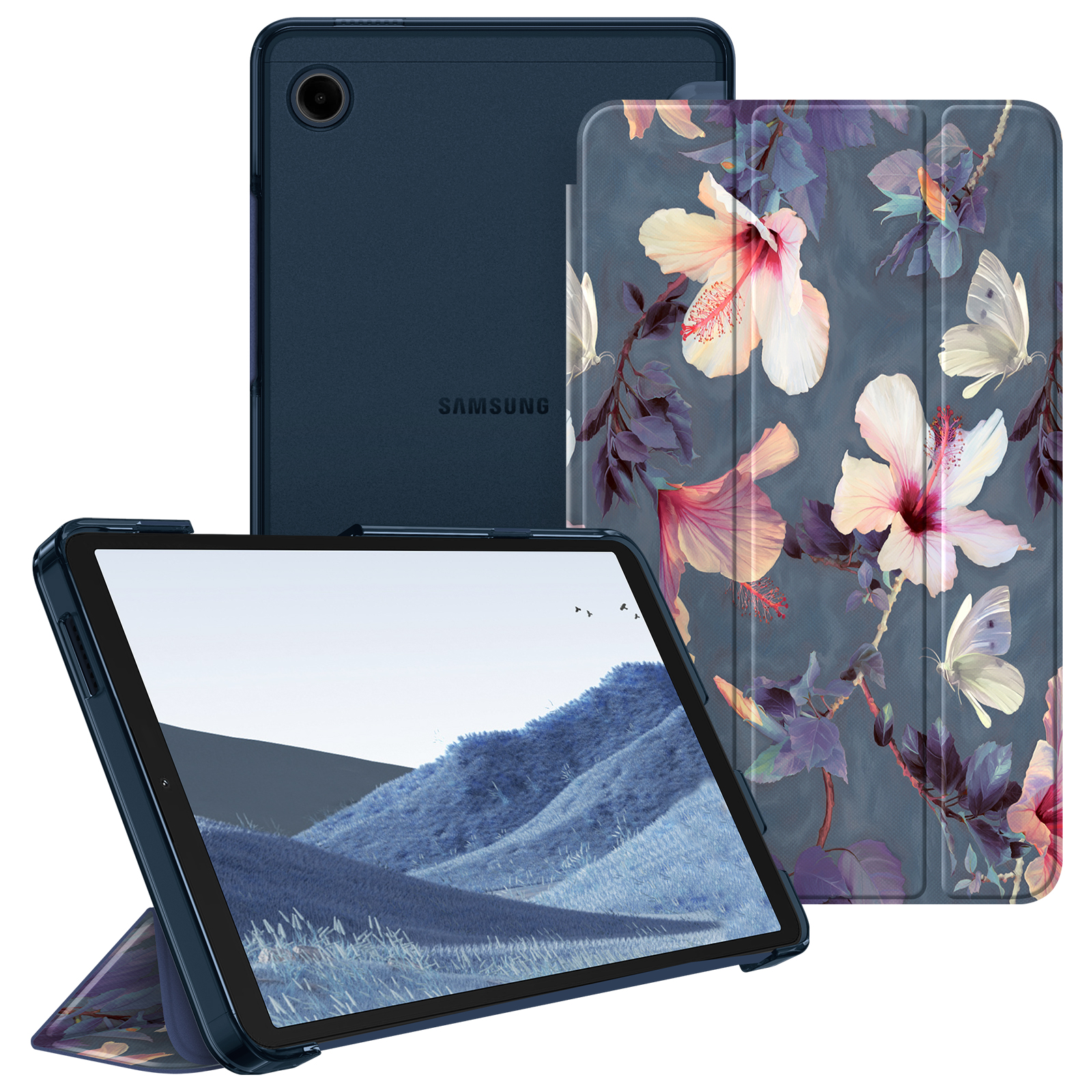 Ein Tablet mit dunkelblauem Gehäuse wird in mehreren Winkeln gezeigt. Das Gehäuse hat ein Blumendesign mit Schmetterlingen.