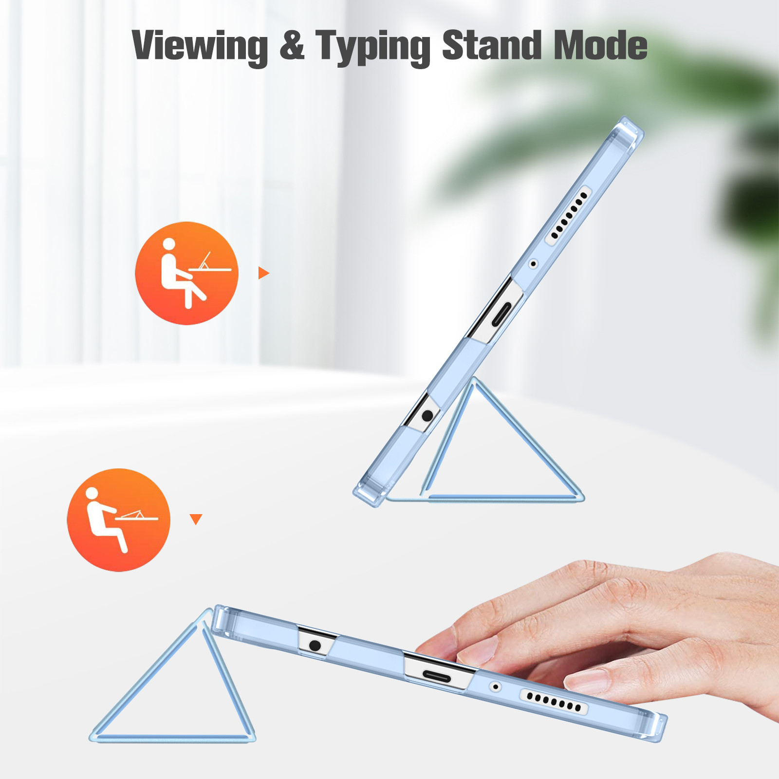 Ein Tablet auf einem Ständer. Es ist hellblau, mit einer Hand, die es hält. Der Ständer ist ebenfalls hellblau. Symbole zeigen Nutzungsmodi.