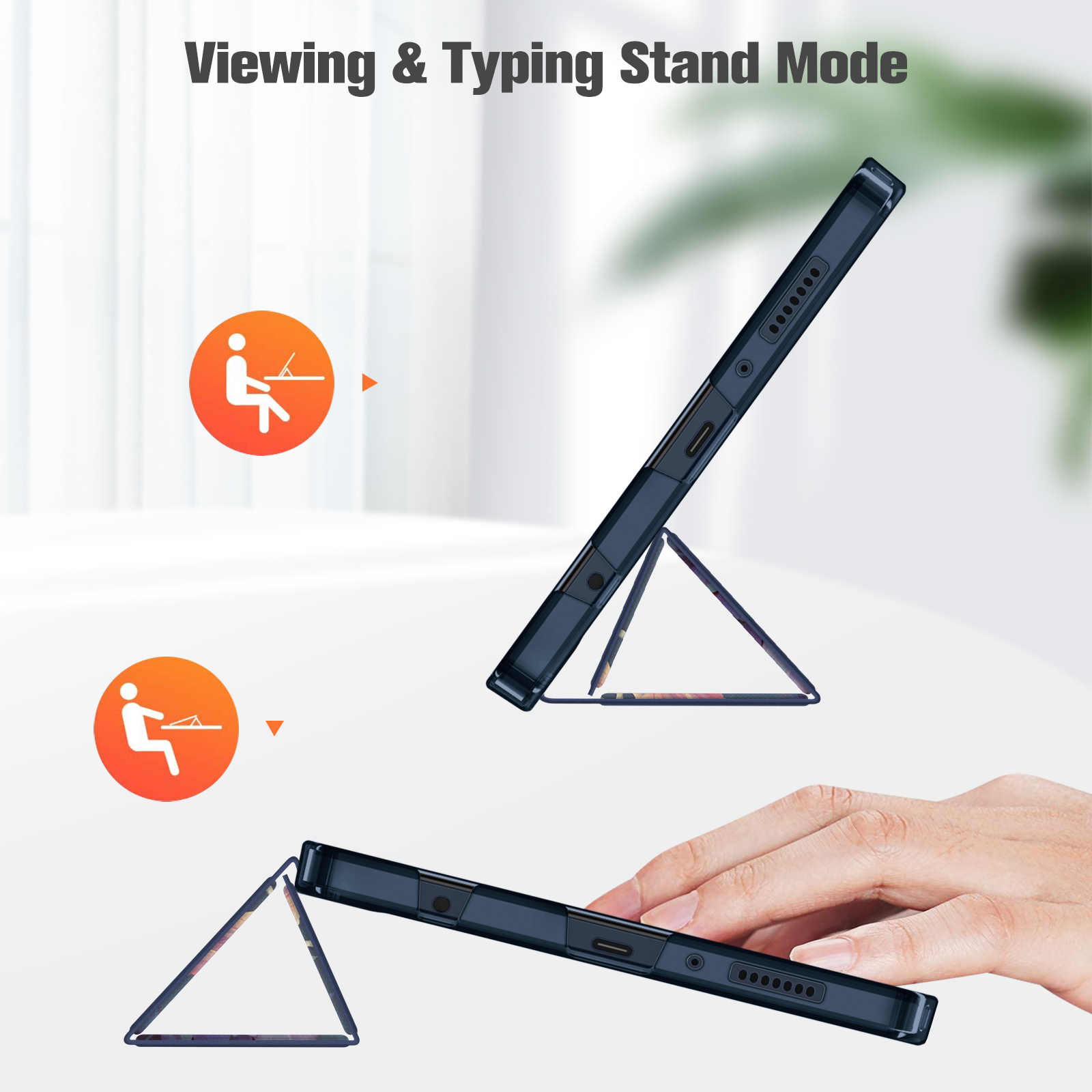 Tablet im Standmodus. Zeigt eine Person, die ein Tablet in Schreibposition verwendet, das von einem dreieckigen Ständer getragen wird.
