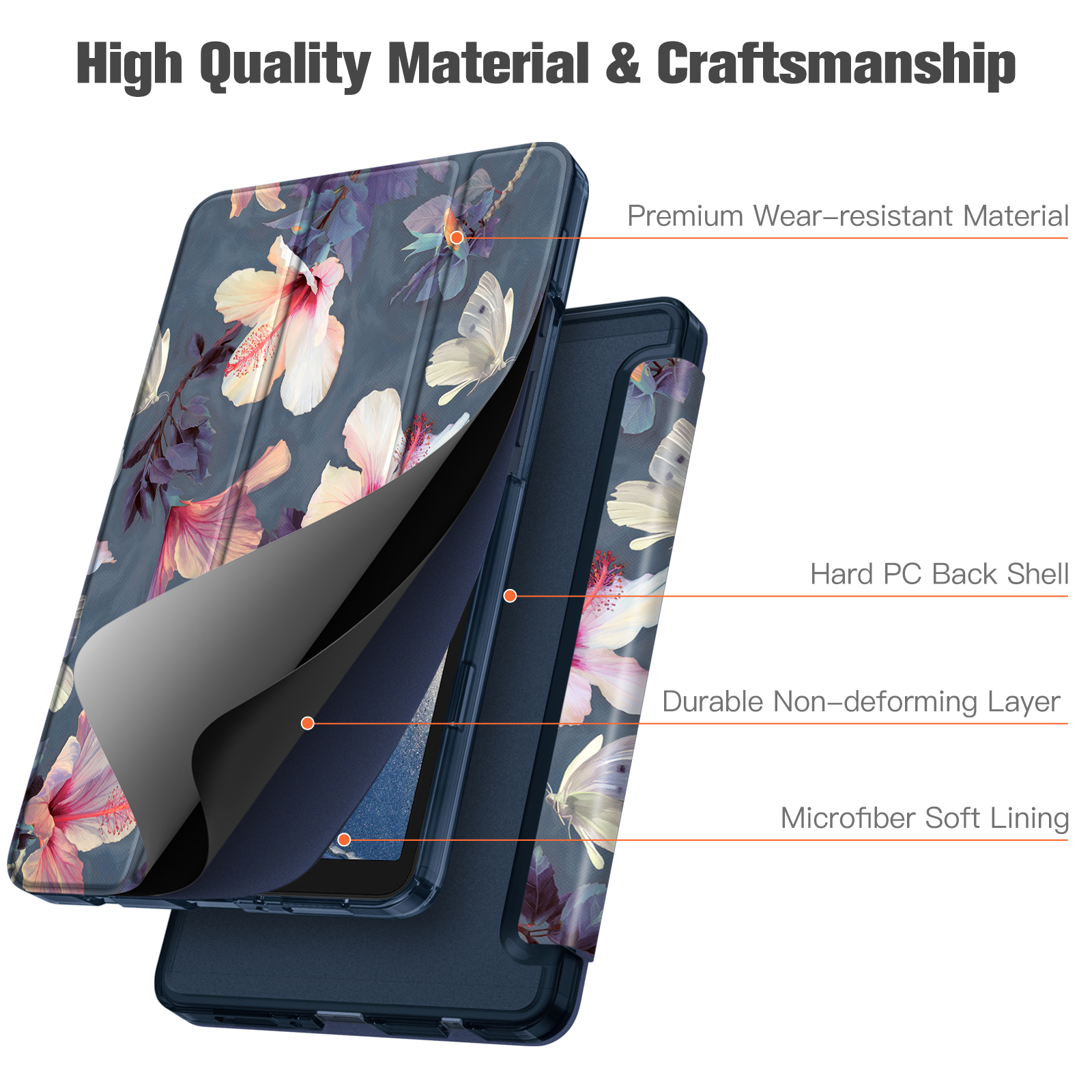 Tablet-Hülle mit Blumenmuster. Zu den Merkmalen gehören verschleißfestes Material, eine harte PC-Rückschale und ein weiches Mikrofaserfutter.