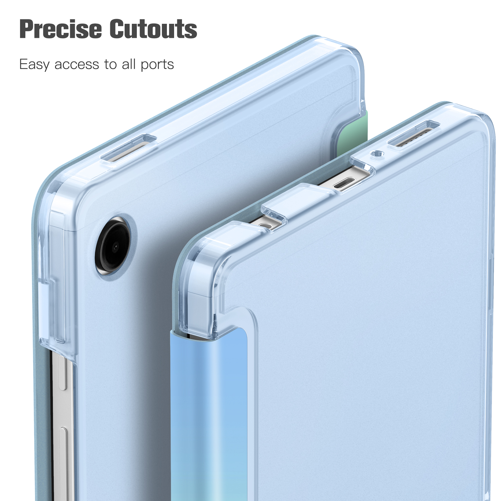 Zwei transparente Handyhüllen mit Aussparungen für Anschlüsse und Kamera, die präzises Design zeigen.