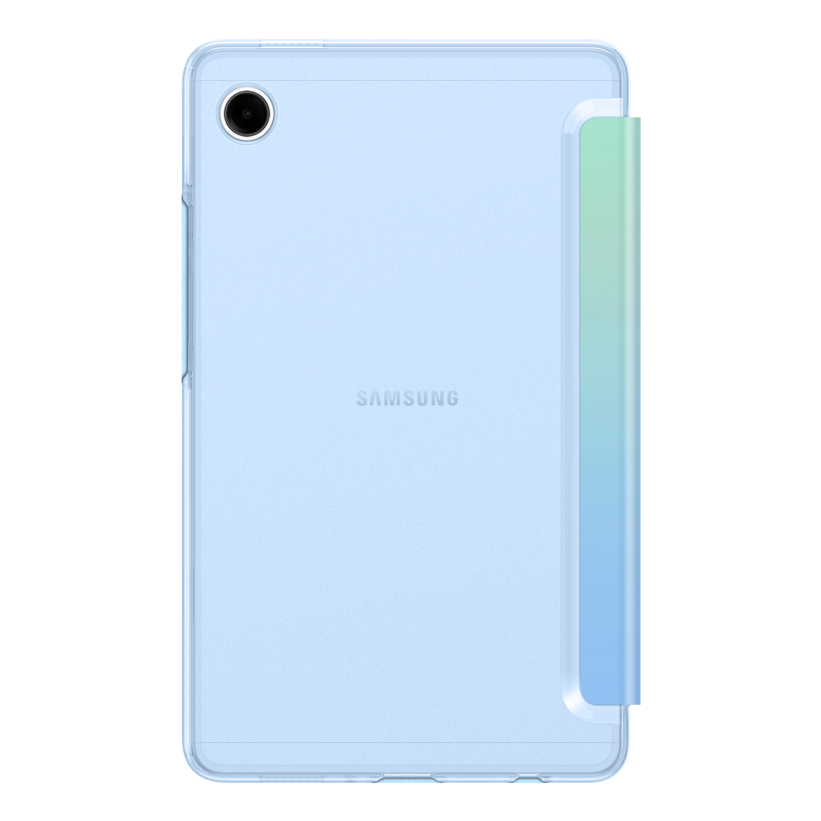 Ein hellblaues Samsung-Tablet mit transparentem Cover und Farbverlauf auf der rechten Seite.