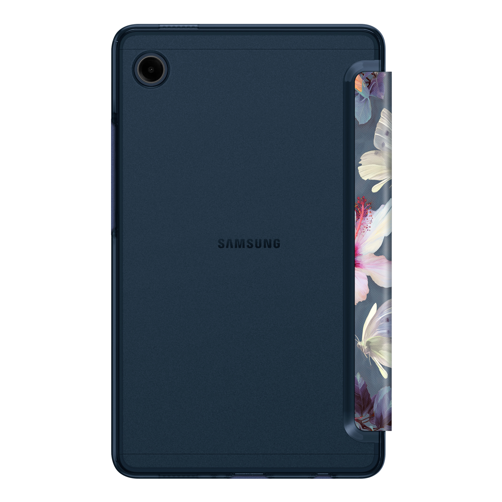Ein dunkelblaues Tablet mit einer floral gemusterten Hülle. Das Samsung-Logo ist sichtbar. Eine Kameralinse befindet sich oben links.