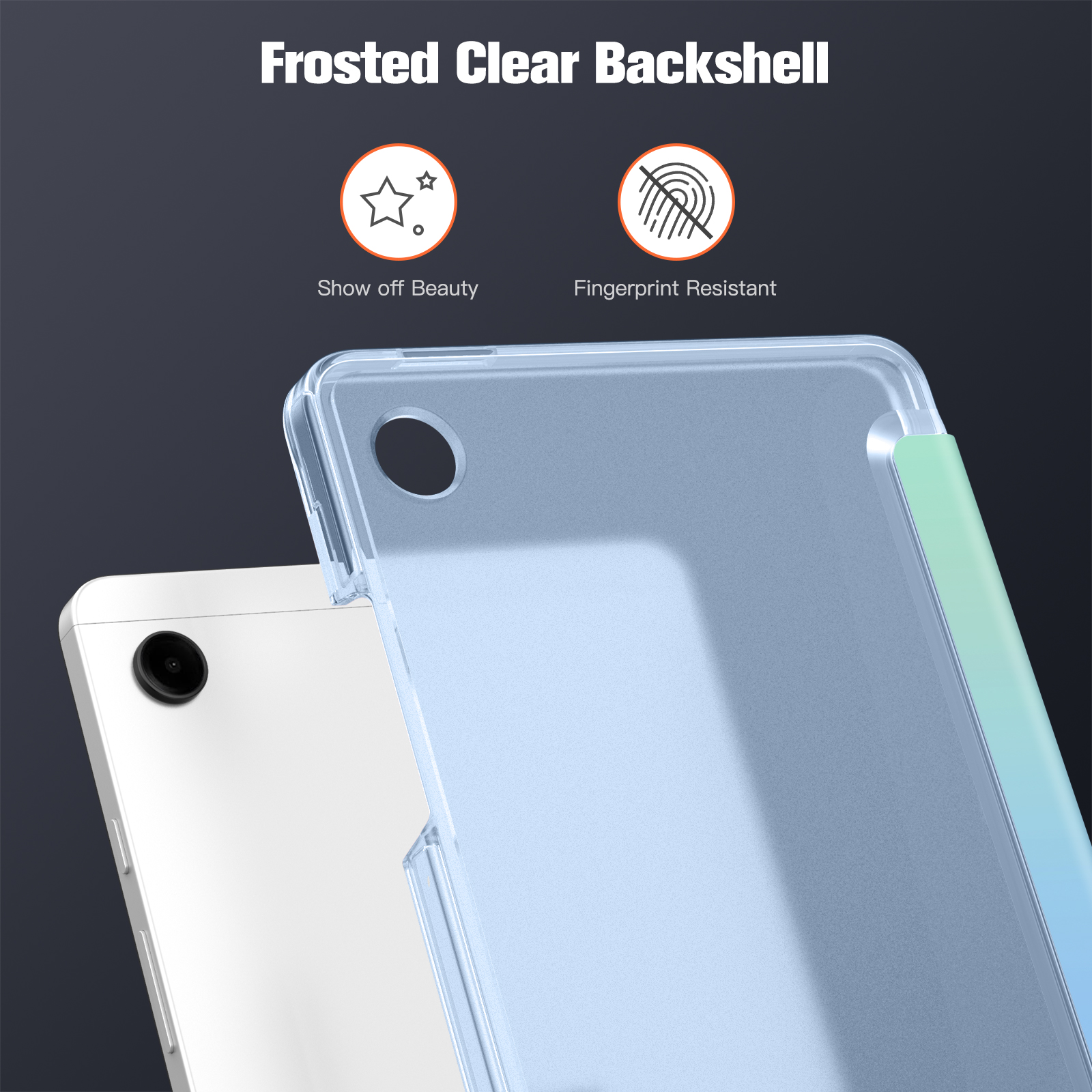 Eine klare Handyhülle mit einem Tablet dahinter. Der Text lautet 'Frosted Clear Backshell'. Die Hülle ist fingerabdruckresistent.
