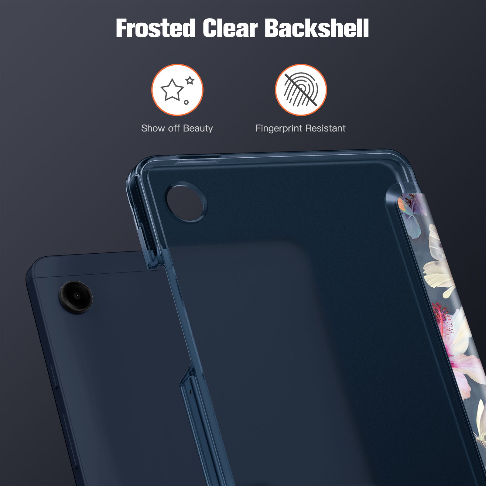 Eine dunkelblaue Handyhülle mit klarer Rückseite. Der Text oben lautet Frosted Clear Backshell.