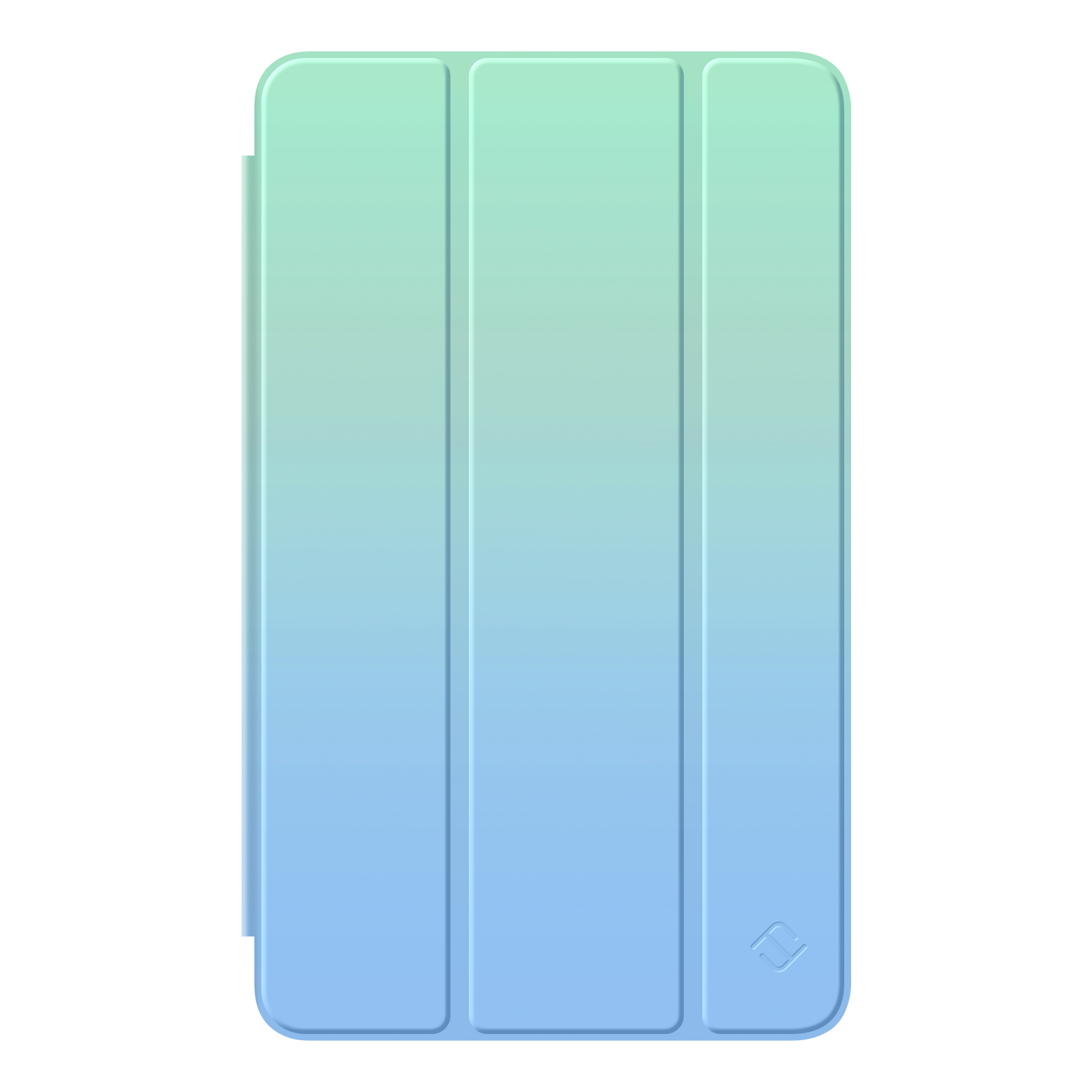 Eine Tablet-Hülle mit Farbverlauf von Grün nach Blau. Sie hat drei vertikale Paneele und ein Logo unten rechts.