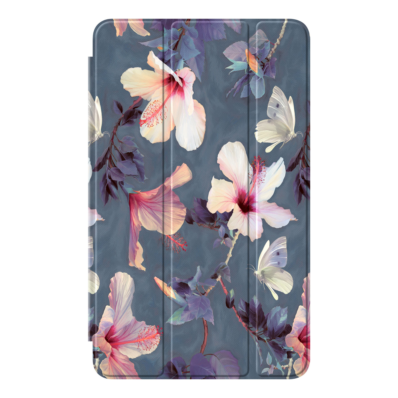 Tablet-Hülle mit Blumenmuster. Rosa Hibiskusblüten und weiße Schmetterlinge auf blauem Grund.