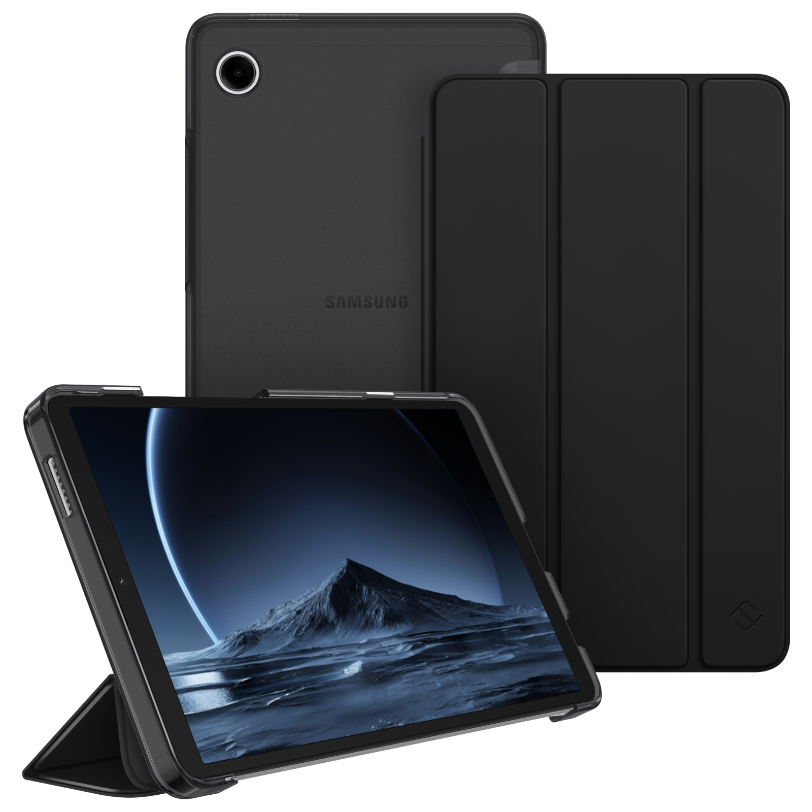 Ein schwarzes Tablet mit Hülle, aufgestellt, zeigt eine Berglandschaft. Zwei weitere Tablets und Hüllen dahinter.
