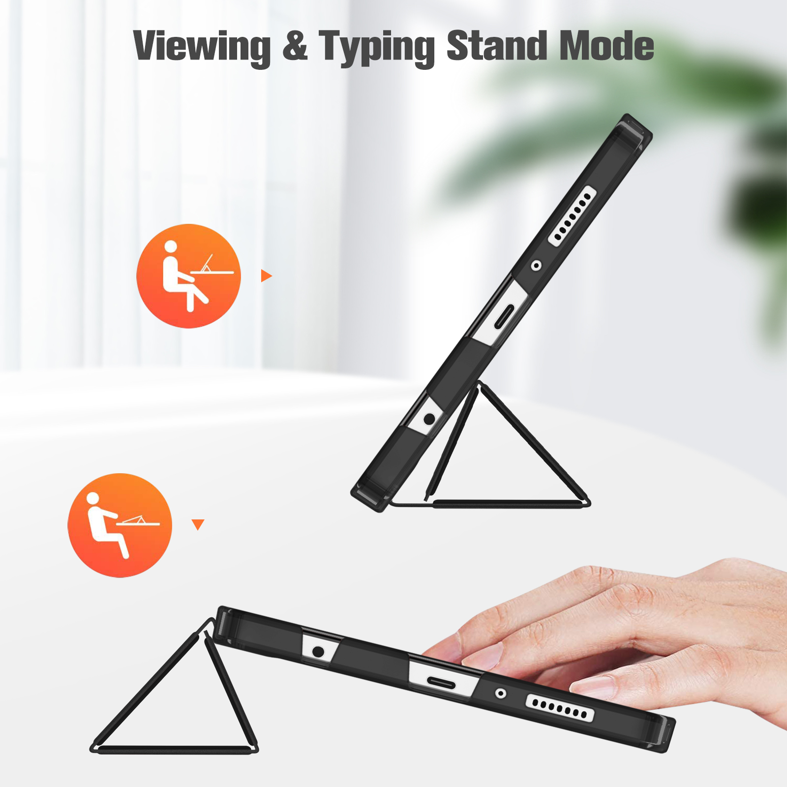 Ein Tablet im Ständermodus, eine Hand berührt es. Text Anzeigen & Tippen Standmodus steht oben.