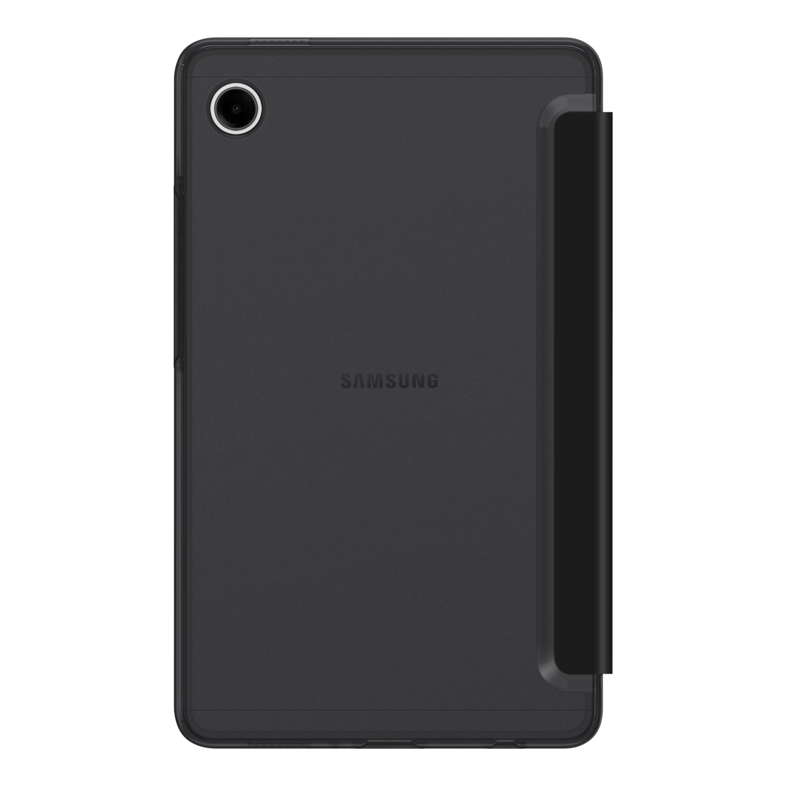 Ein schwarzes Samsung-Tablet mit schwarzer Hülle ist abgebildet. Das Samsung-Logo ist sichtbar.