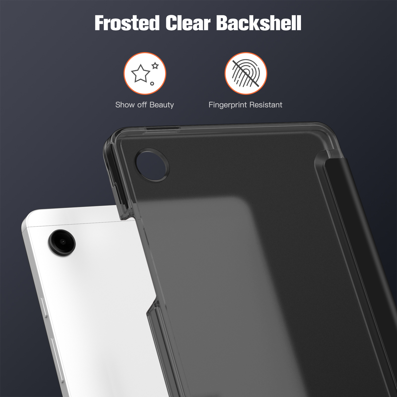 Transparente Handyhülle über einem weißen Telefon. Text: 'Schönheit zeigen' und 'Fingerabdruckresistent'.