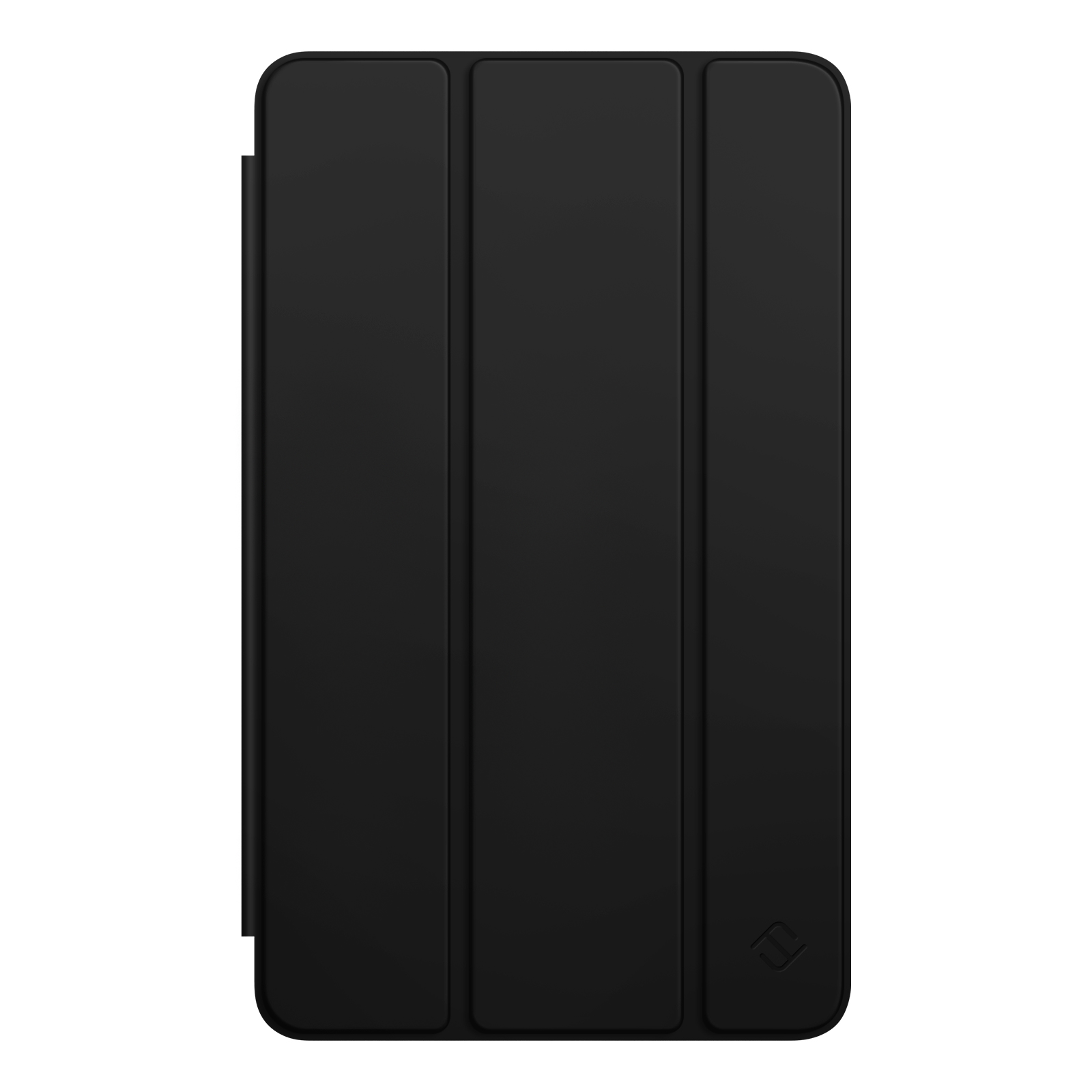 Eine geschlossene, schwarze Tablethülle mit drei Paneelen. Ein Logo befindet sich unten rechts.