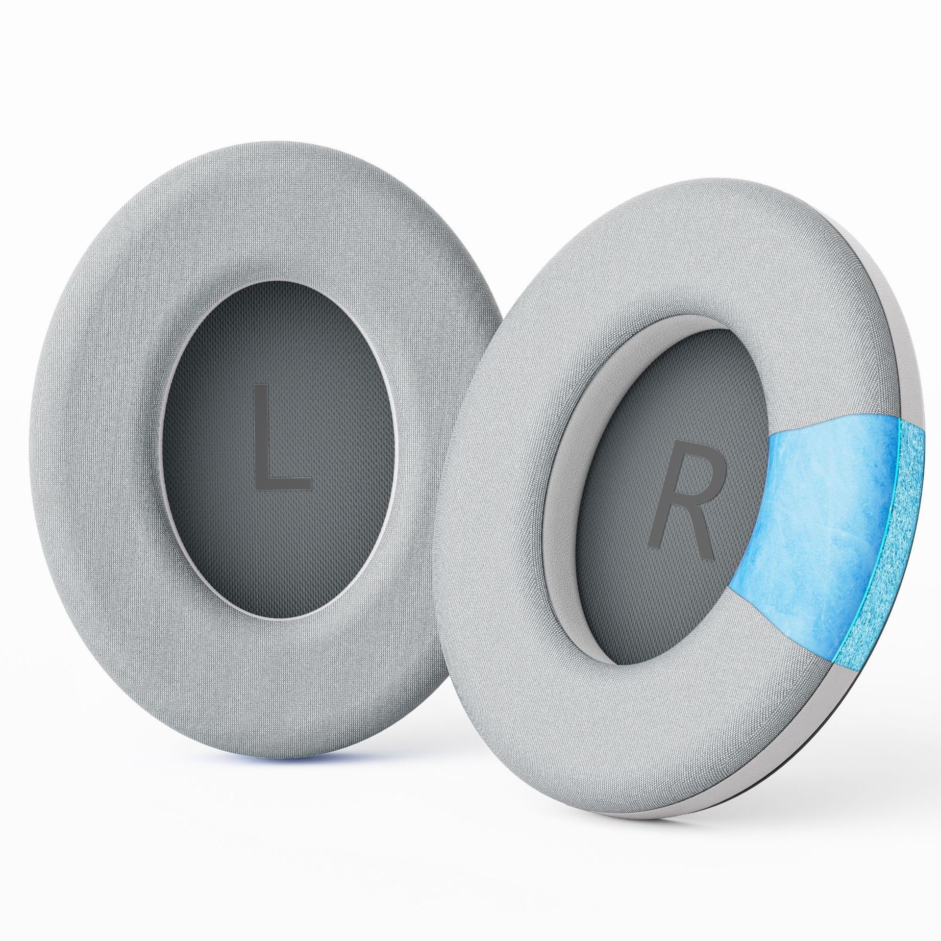Due cuscinetti auricolari grigi per cuffie su sfondo bianco. Uno mostra 'L', l'altro 'R' e schiuma blu.