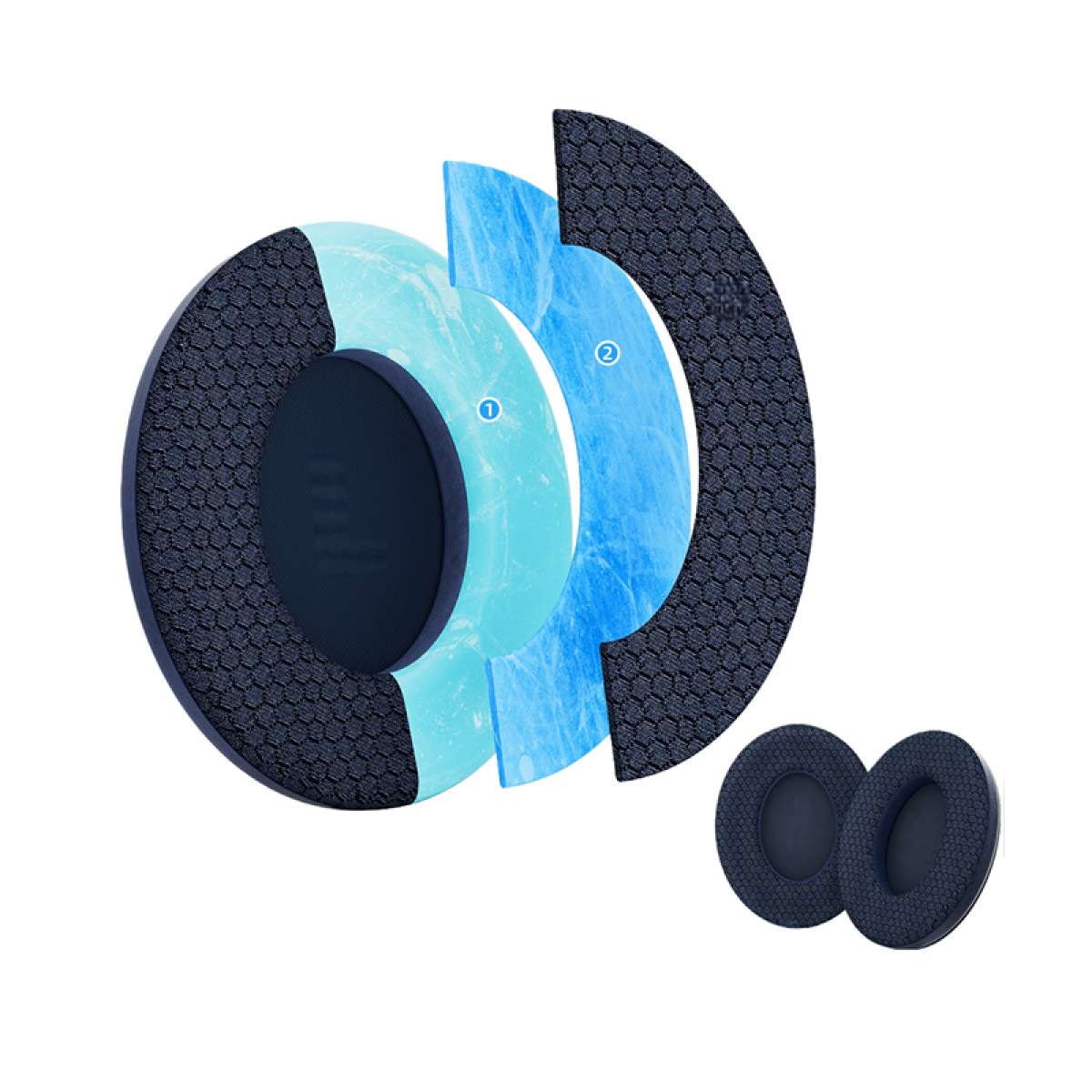 Diagramma delle parti del padiglione auricolare delle cuffie. Mostra strati di tessuto blu scuro, schiuma azzurra e il padiglione stesso. Due padiglioni sono mostrati.