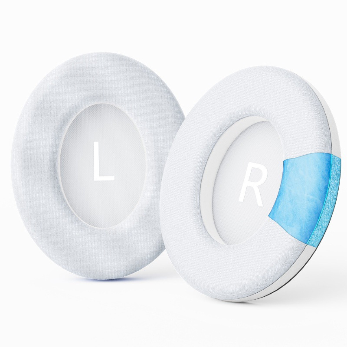 Due cuscinetti bianchi per cuffie. Uno con 'L', l'altro con 'R' e una sezione blu. Entrambi hanno una trama di tessuto bianco.