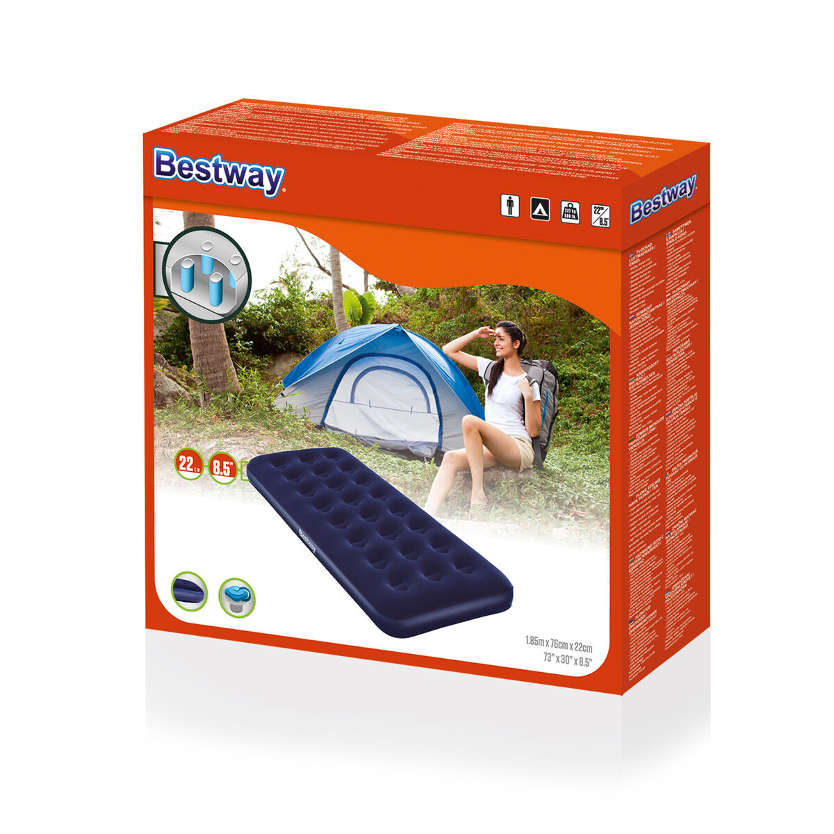 Die Box zeigt eine Campingszene. Eine Frau sitzt in der Nähe eines Zeltes. Eine aufblasbare Matratze befindet sich im Vordergrund. Bestway-Logo auf der Box.
