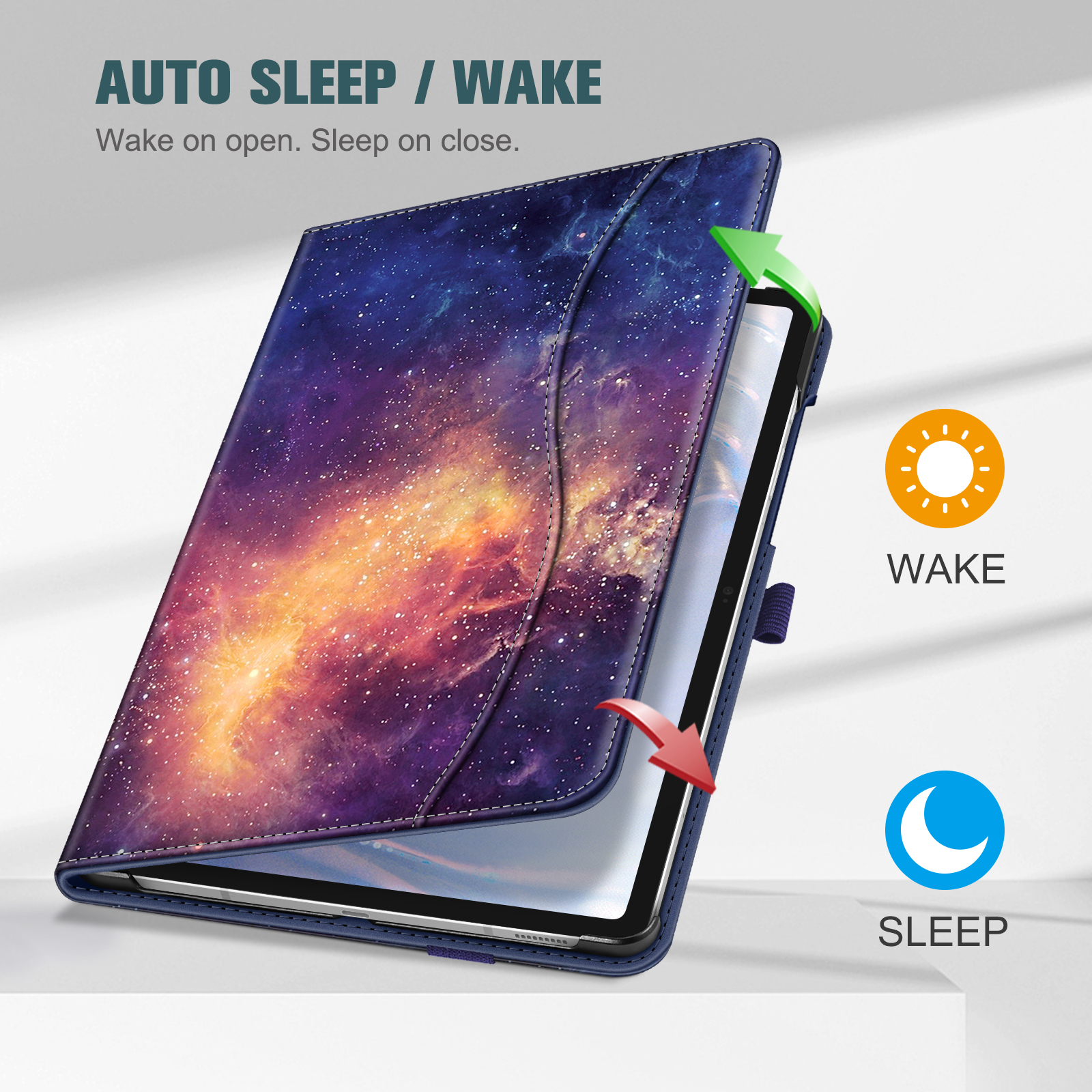 Tablet-Hülle mit Galaxien-Design. Grüner Pfeil zeigt Aufwachen, roter Pfeil zeigt Schlafen. Wake/Sleep-Symbole werden angezeigt.