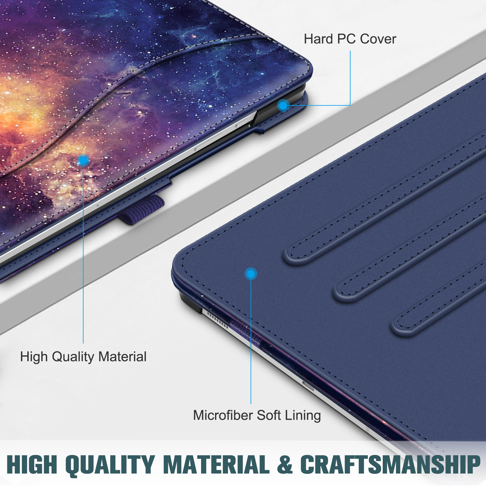 Eine Tablethülle mit einem Nebeldesign auf der Abdeckung. Sie hat ein blaues, weiches Innenfutter und ist als hochwertig gekennzeichnet.