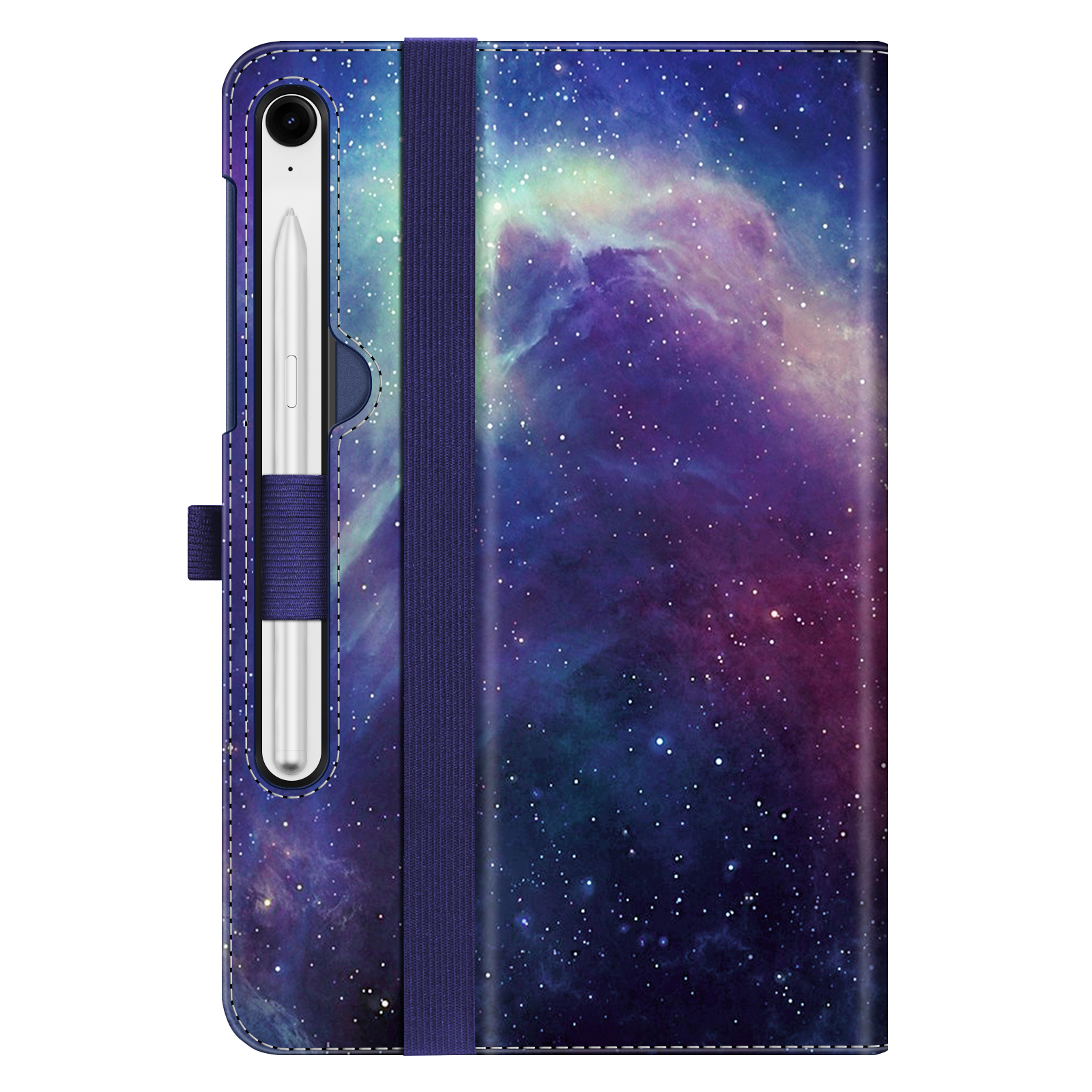 Tablet-Hülle mit Galaxiedruck. Ein Stift ist innen verstaut. Dunkelblaues Gummiband und Nähte sind sichtbar.