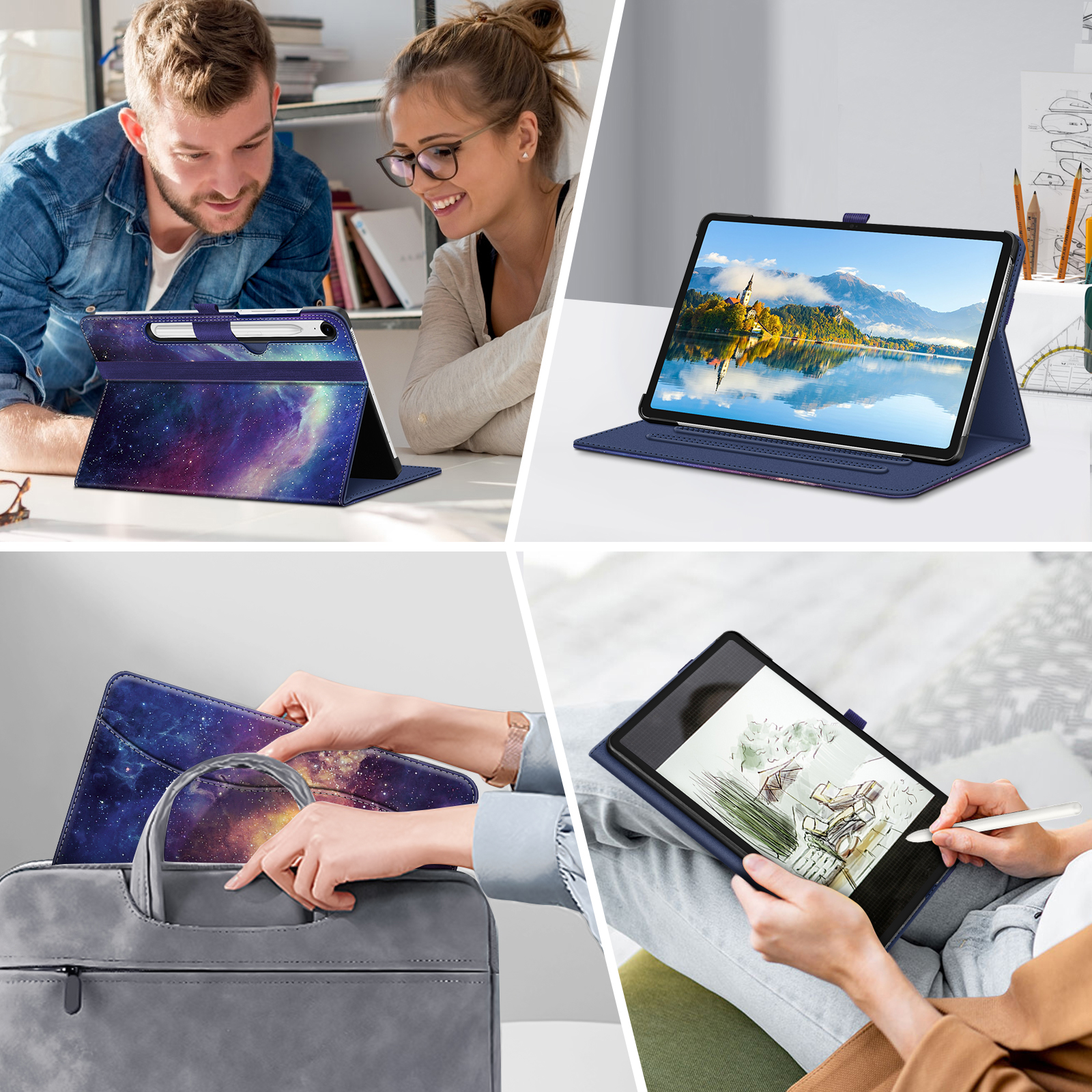 Bildercollage mit Tablets in Hüllen. Personen benutzen Tablets. Hüllen haben Galaxy-Designs. Tablets zeigen Bilder.