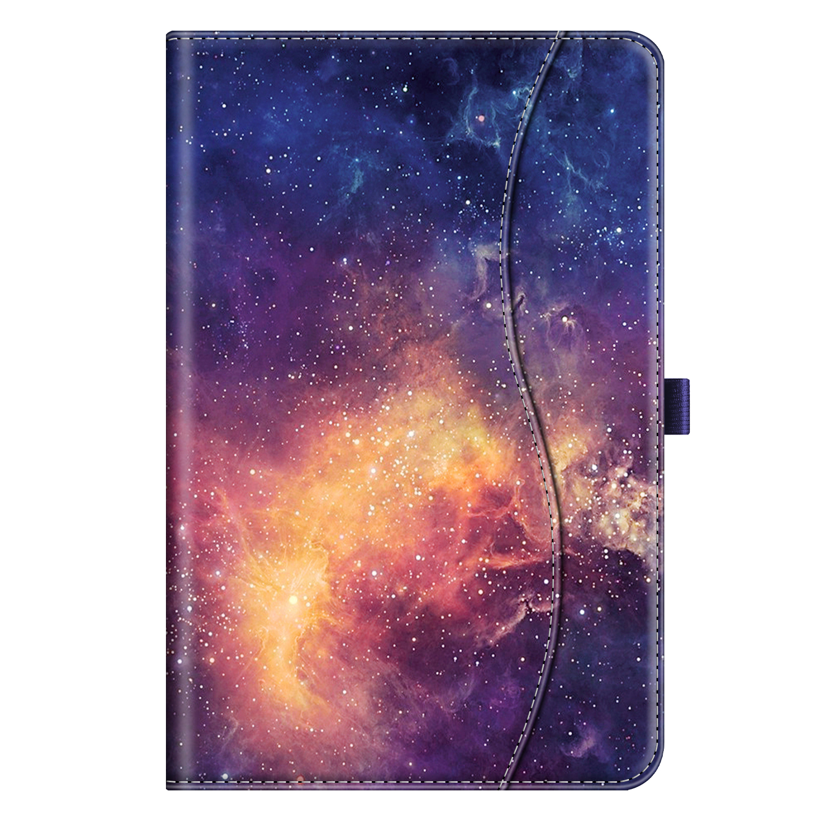 Tablethülle mit Galaxiedesign. Es hat blaue, lila und orange Farben. Die Hülle hat einen genähten Rand.
