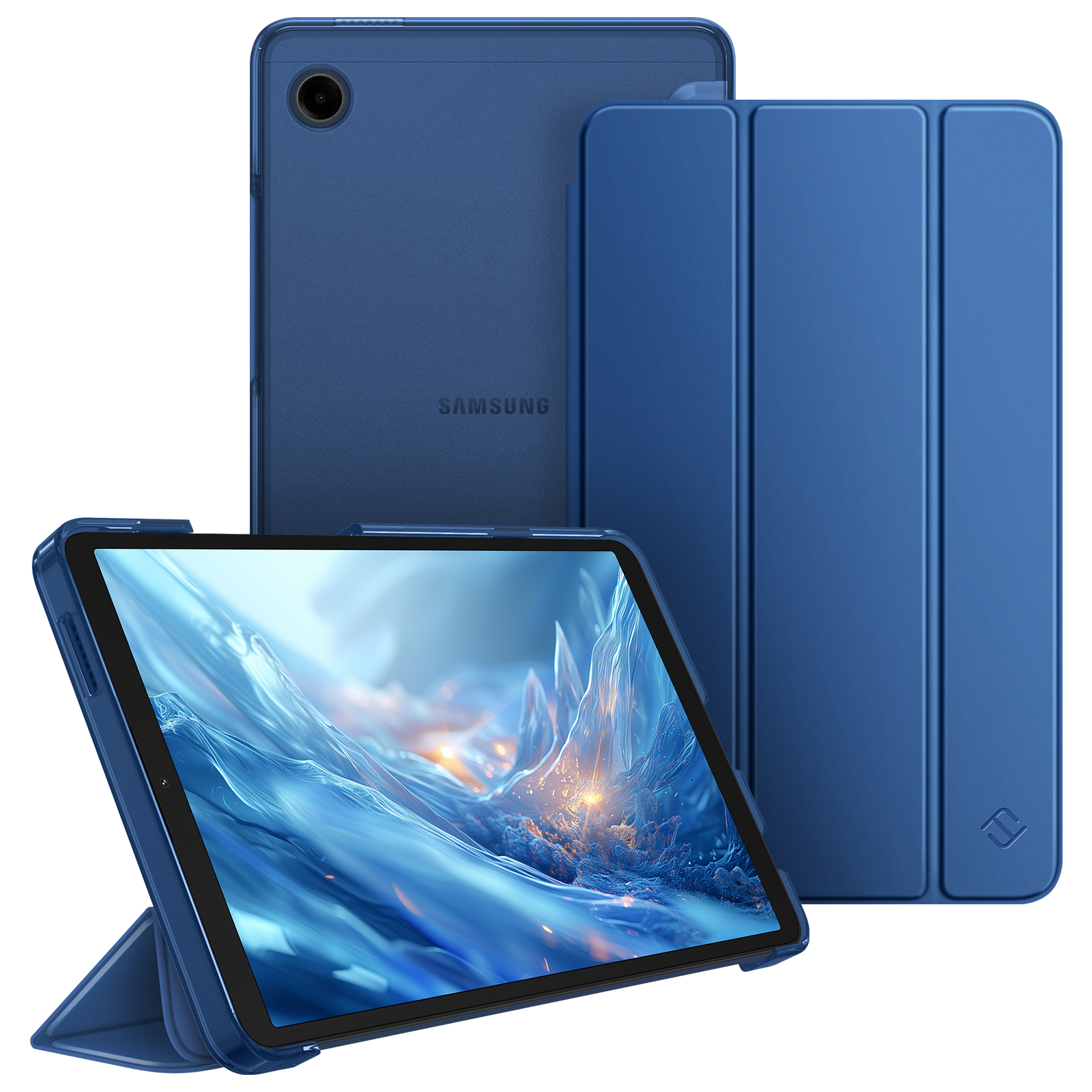 Blaues Tablet mit Hülle. Tablet steht auf einem Ständer, Display zeigt blaue abstrakte Grafik. Samsung-Logo.
