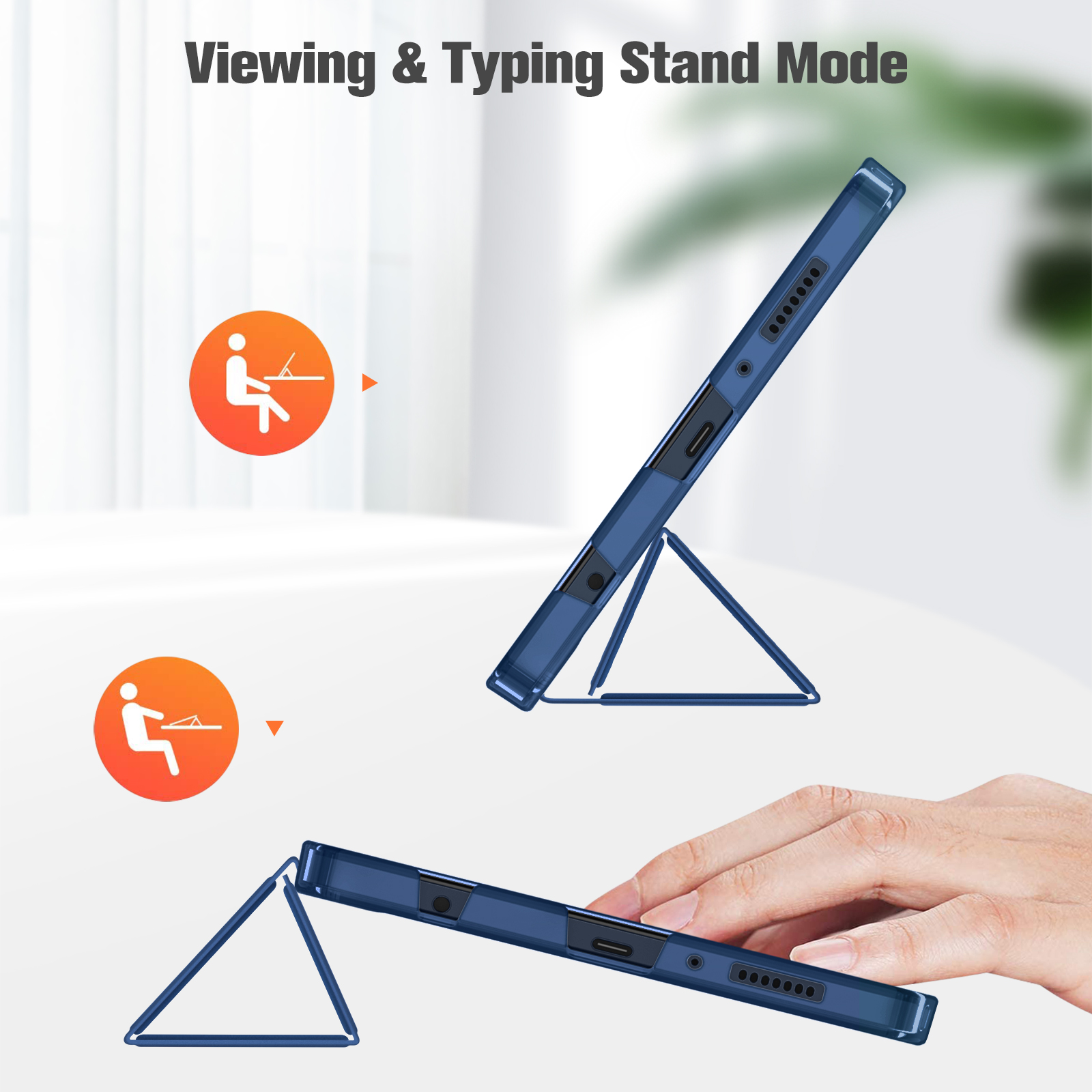 Eine blaue Tablethülle im Standmodus. Eine Hand hält die Hülle. Symbole zeigen Tipp- und Anzeigemodi.