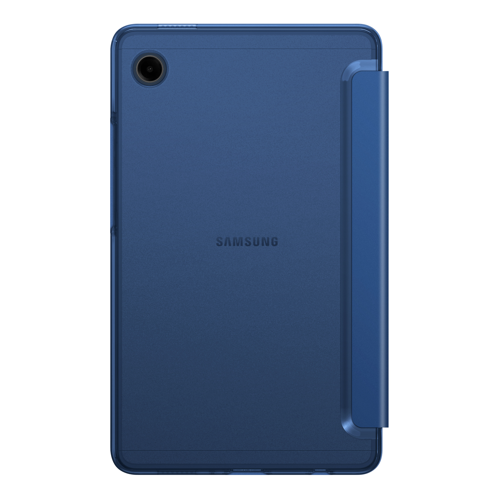 Ein blaues Samsung-Tablet mit Schutzhülle. Die Rückseite hat eine Kamera und den Markennamen.