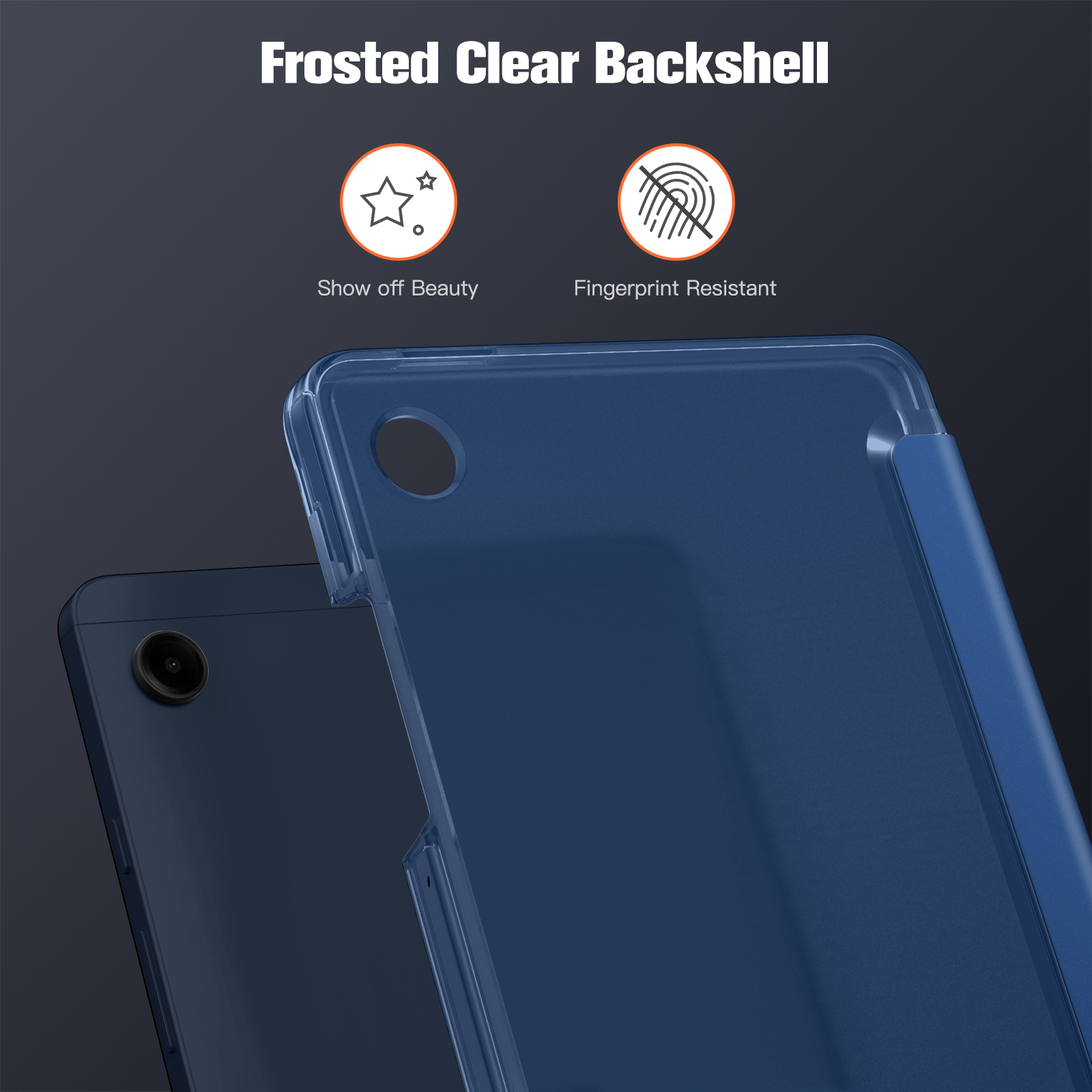 Ein Tablet und eine Rückseite auf dunklem Hintergrund. Der Text lautet 'Frosted Clear Backshell'.