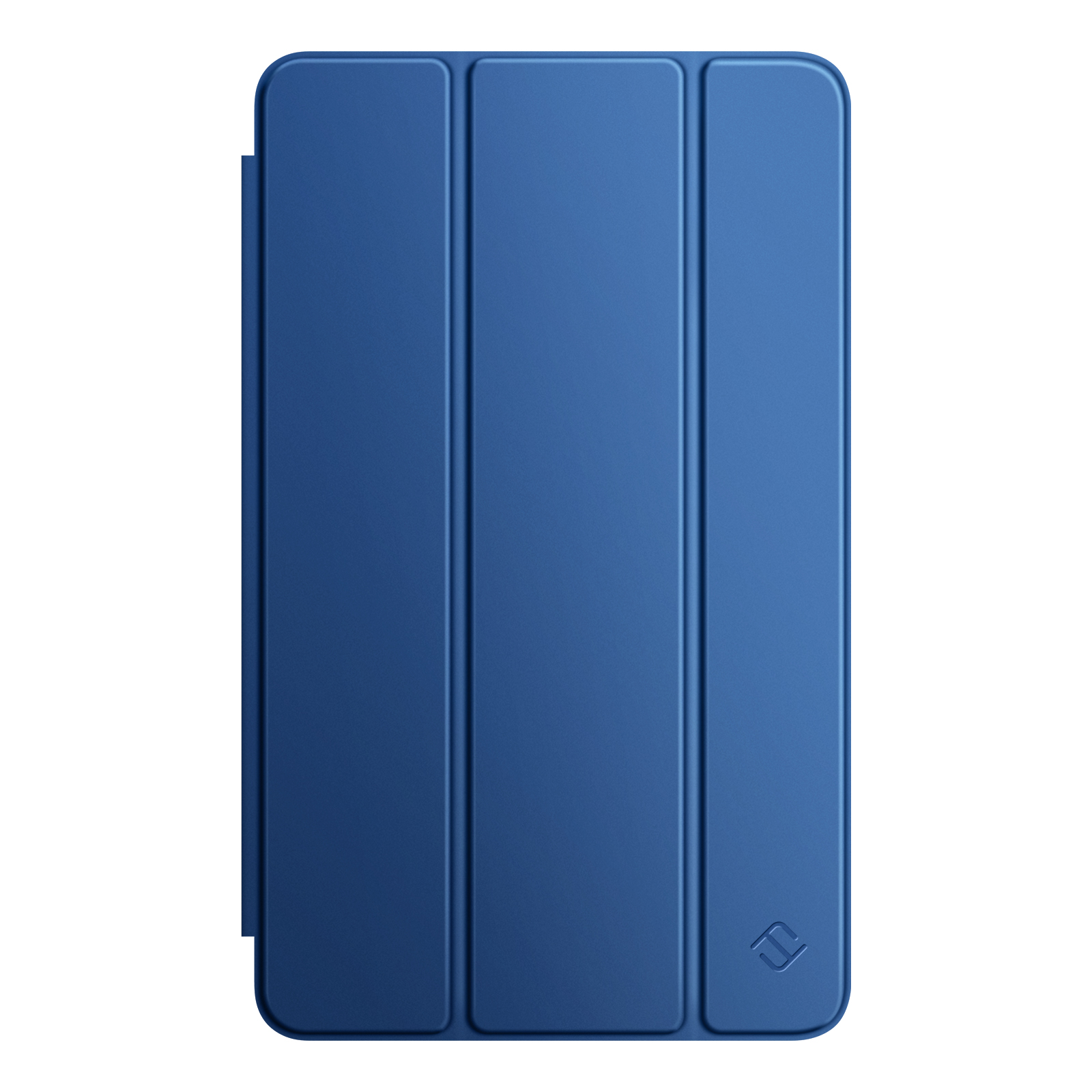 Eine blaue Tablet-Hülle, rechteckig, mit drei Faltpaneelen. Der Hintergrund ist weiß.