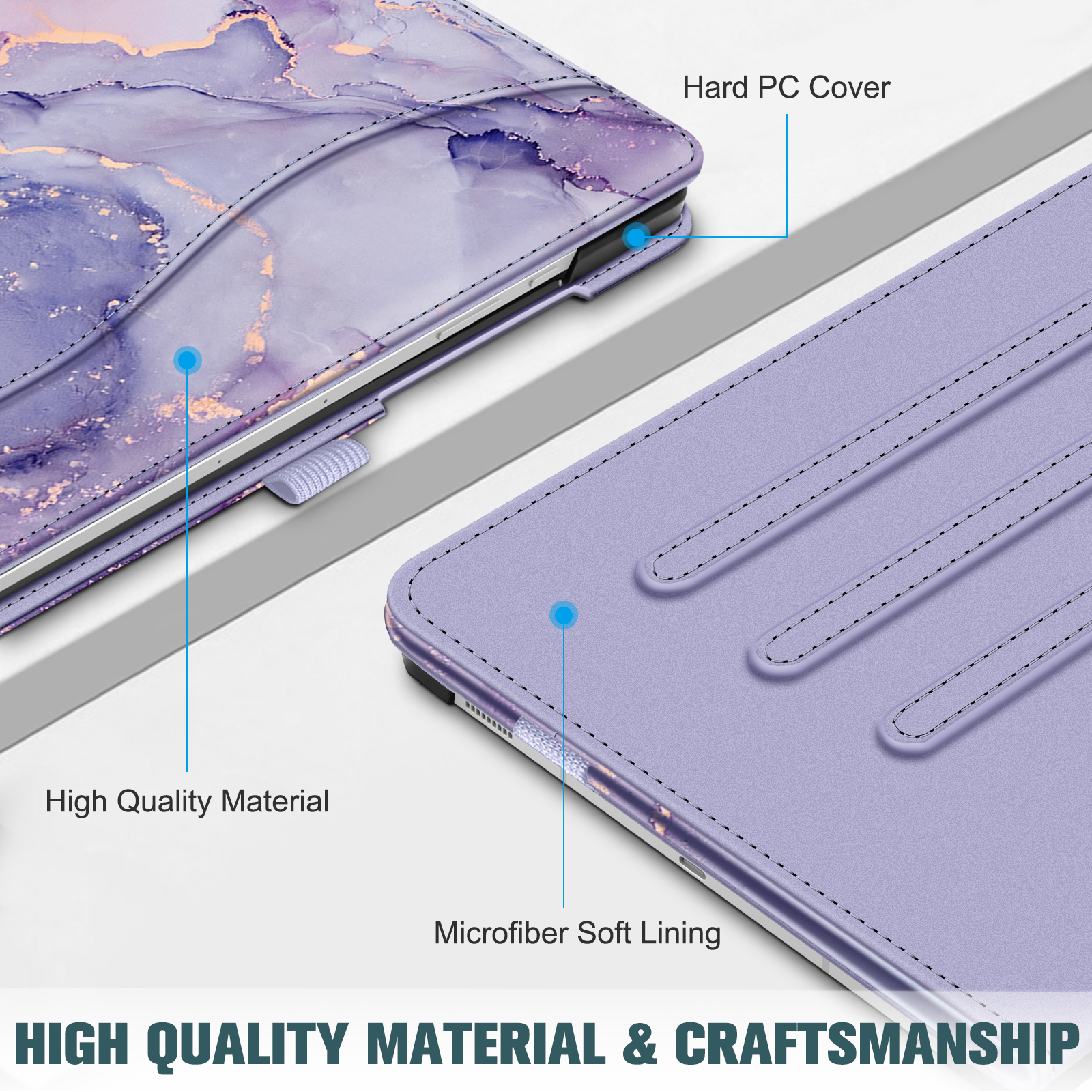 Eine Tablethülle mit lila Marmordesign auf der Abdeckung. Sie hat ein weiches Futter und hochwertige Materialien.