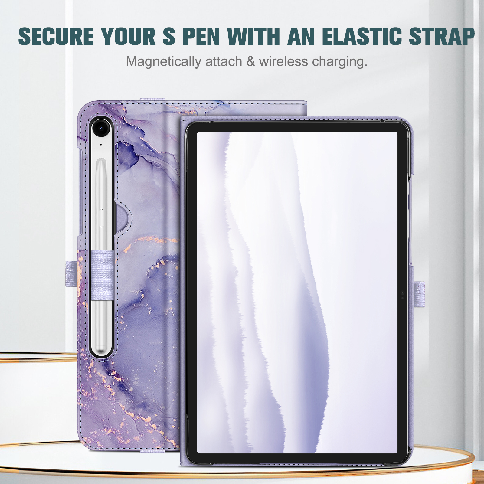 Tablet-Hülle mit S Pen-Halter. Lila Marmor-Design. Tablet-Bildschirm sichtbar. Elastische Schlaufe für Stift.
