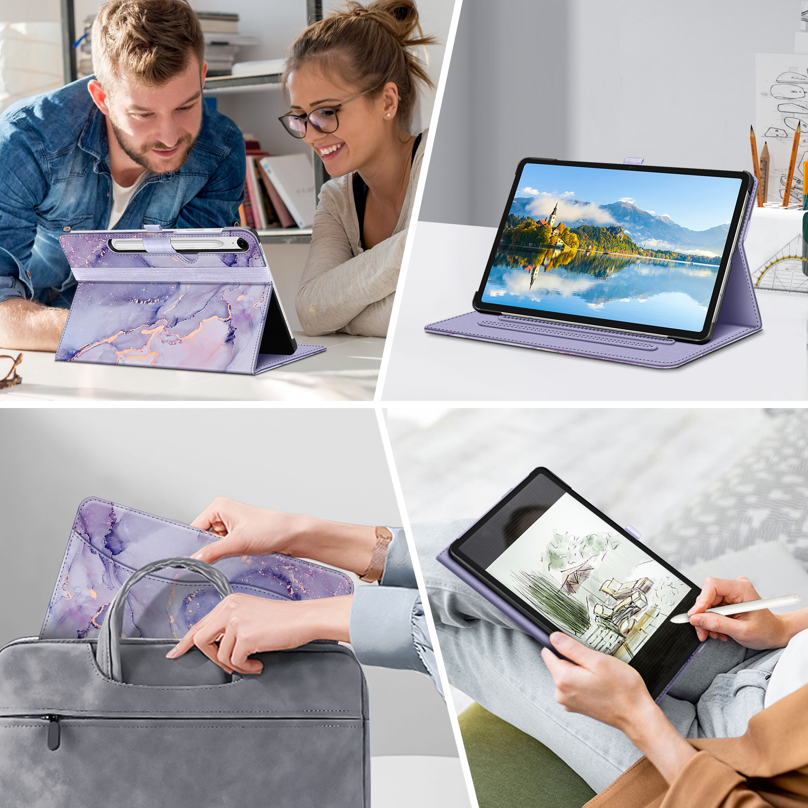 Das Bild zeigt ein Tablet in einer lila Marmorhülle, mit Leuten, die das Tablet benutzen, und ein Tablet in einer Tasche.