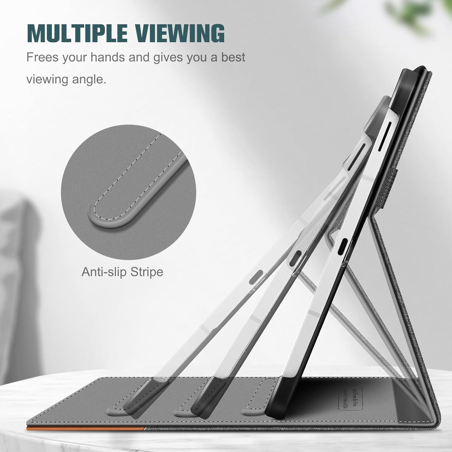 Ein Tablet in einer grauen Hülle wird in verschiedenen Winkeln gezeigt. Text sagt 'MULTIPLE VIEWING' und 'Anti-Rutsch-Streifen'.