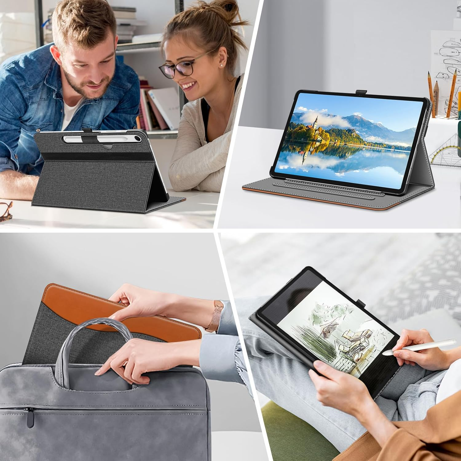 Vier Bilder zeigen Tablets in Hüllen, die verschiedene Anwendungen und Designs präsentieren. Personen nutzen die Tablets für Arbeit und Freizeit.