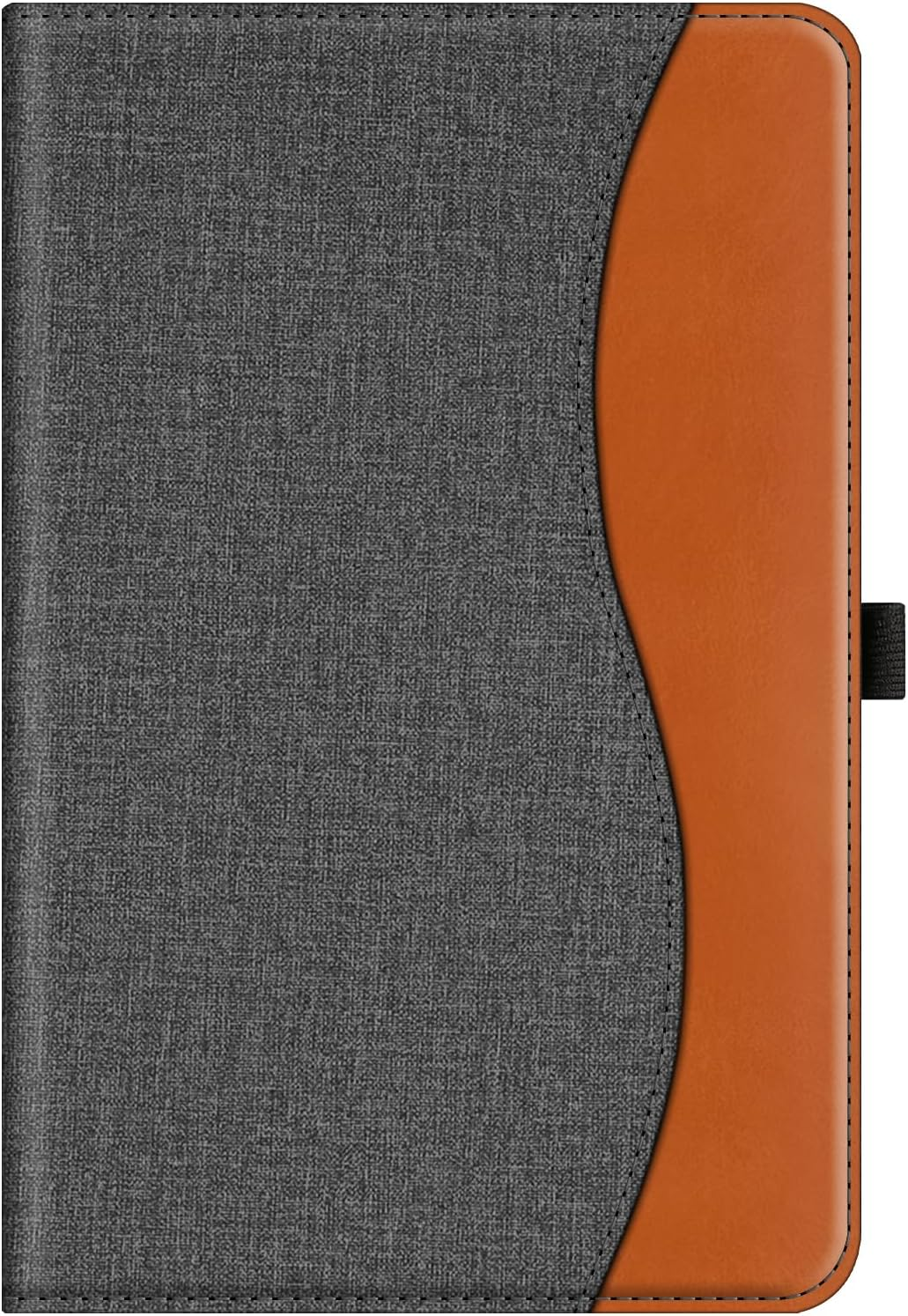 Eine Tablethülle mit grauem Stoff und orangefarbenem Leder. An der Seite befindet sich ein schwarzer Riemen. Die beiden Materialien sind zusammengenäht.
