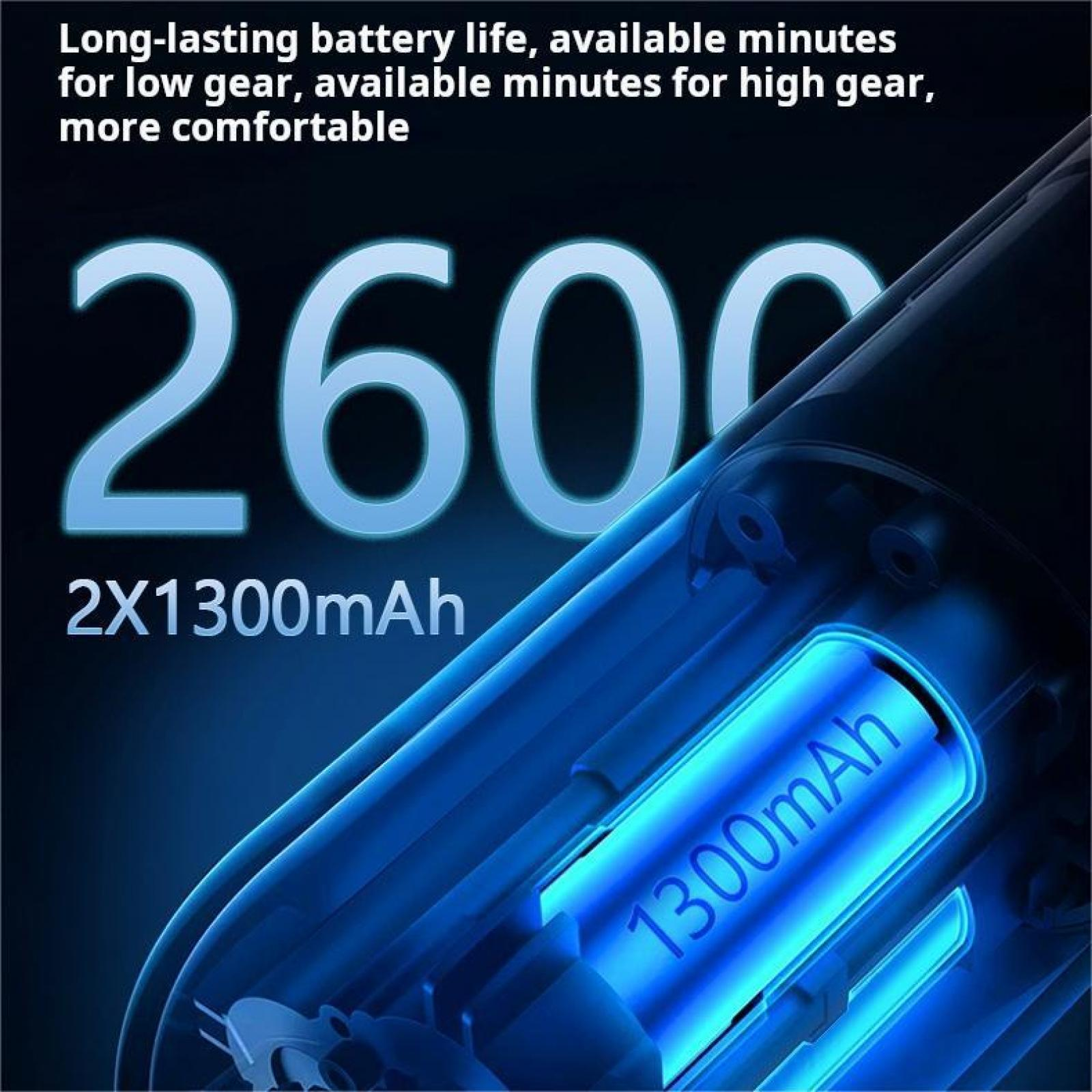 Das Bild zeigt einen Akku mit der Zahl 2600. Es zeigt auch 2x1300mAh und 1300mAh. Der Text sagt, dass die Batterie lange hält.